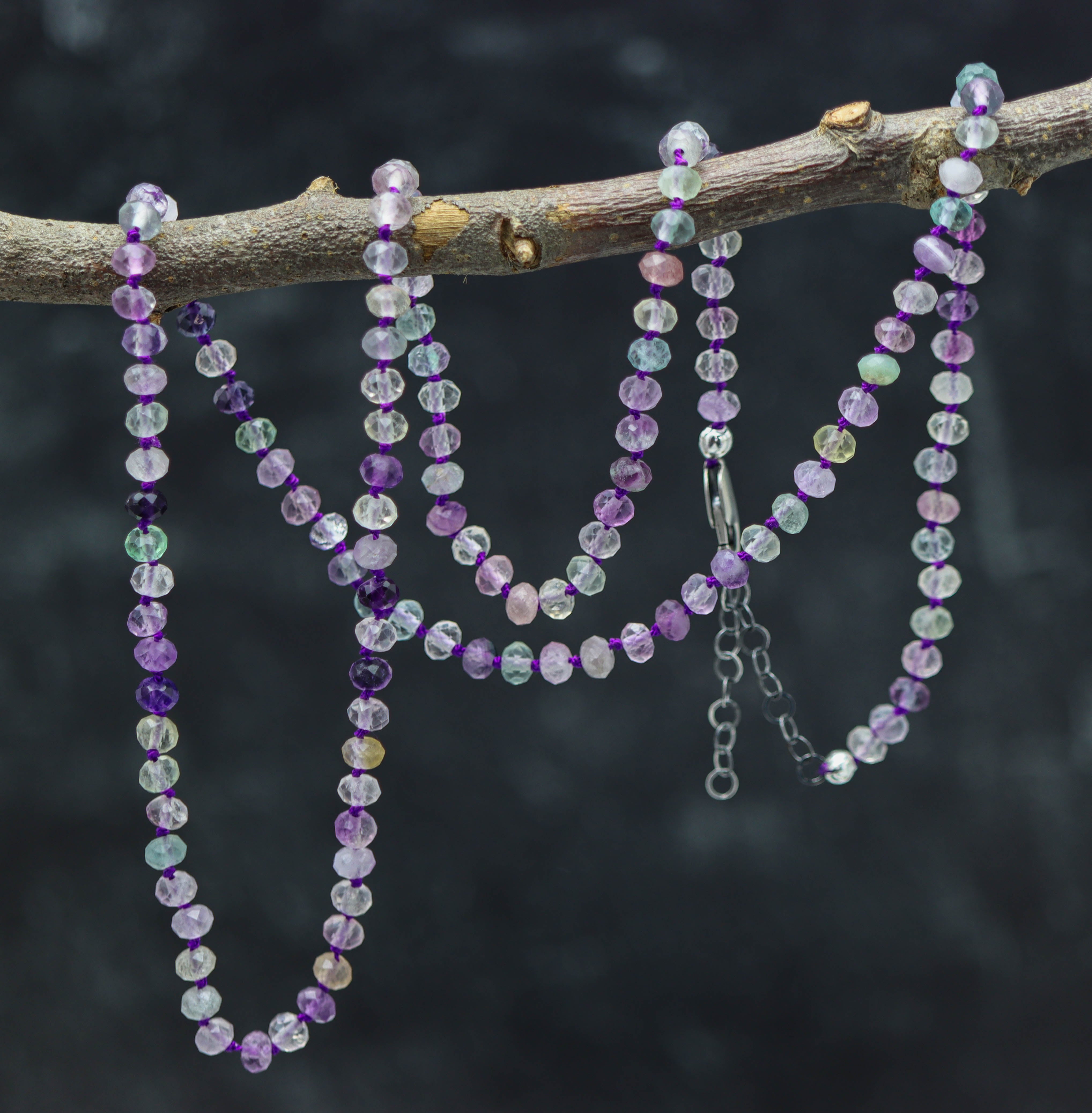 Rainbow Fluorite Hand Knotted Bead Necklace Sterling Silver