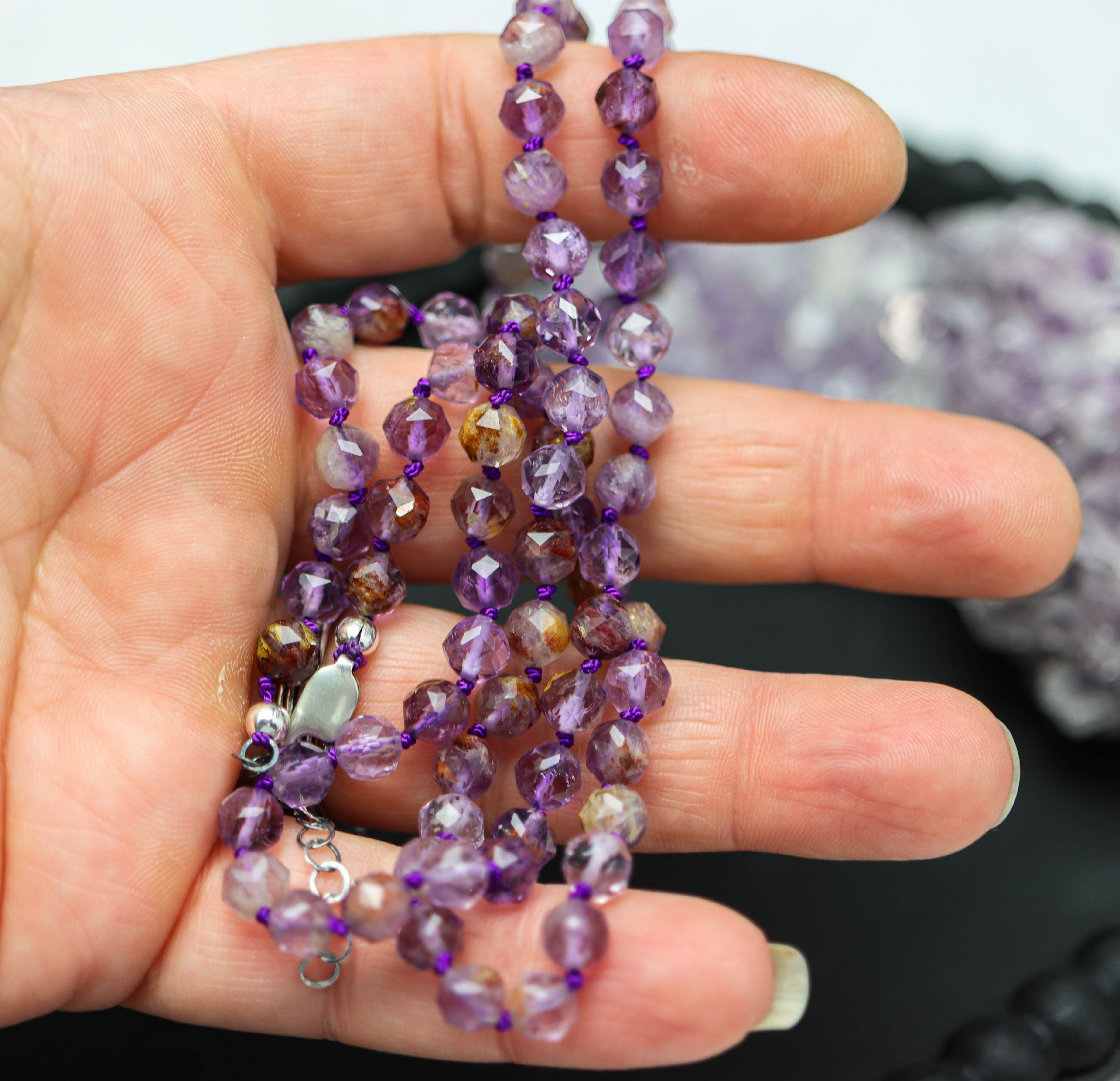 Super Seven Hand Knotted Bead Necklace Sterling Silver