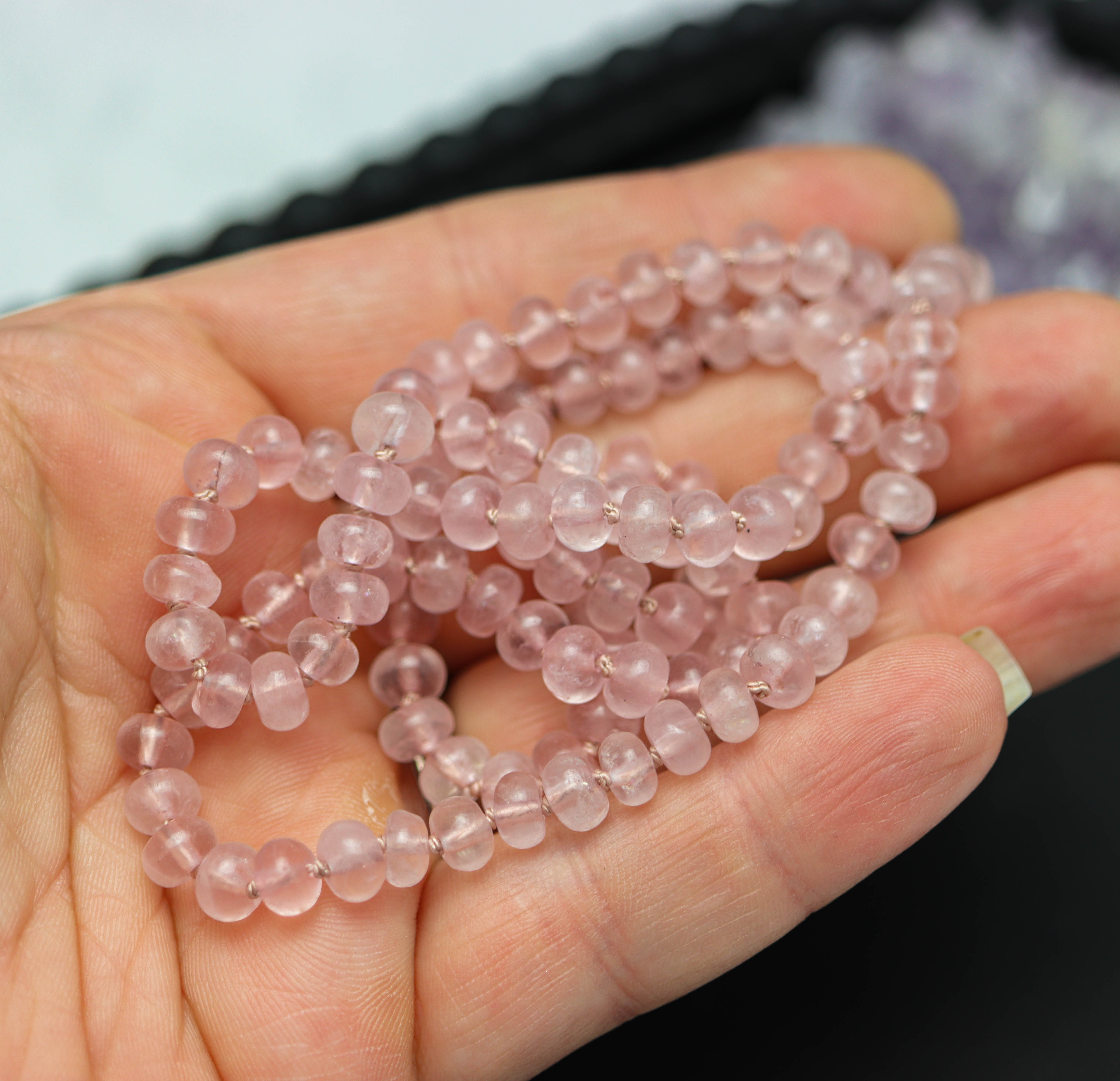 Rose Quartz Hand Knotted Bead Necklace Sterling Silver 18 inch