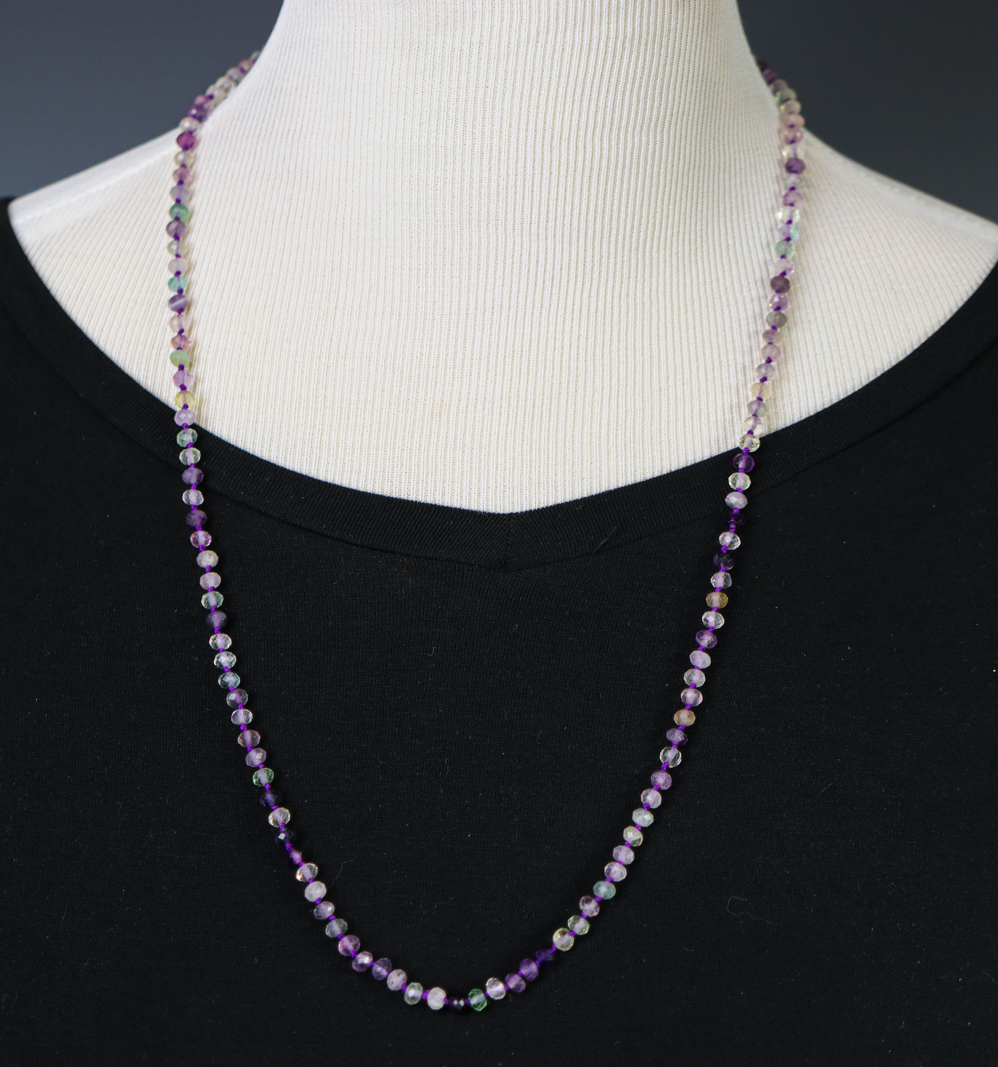 Rainbow Fluorite Hand Knotted Bead Necklace Sterling Silver