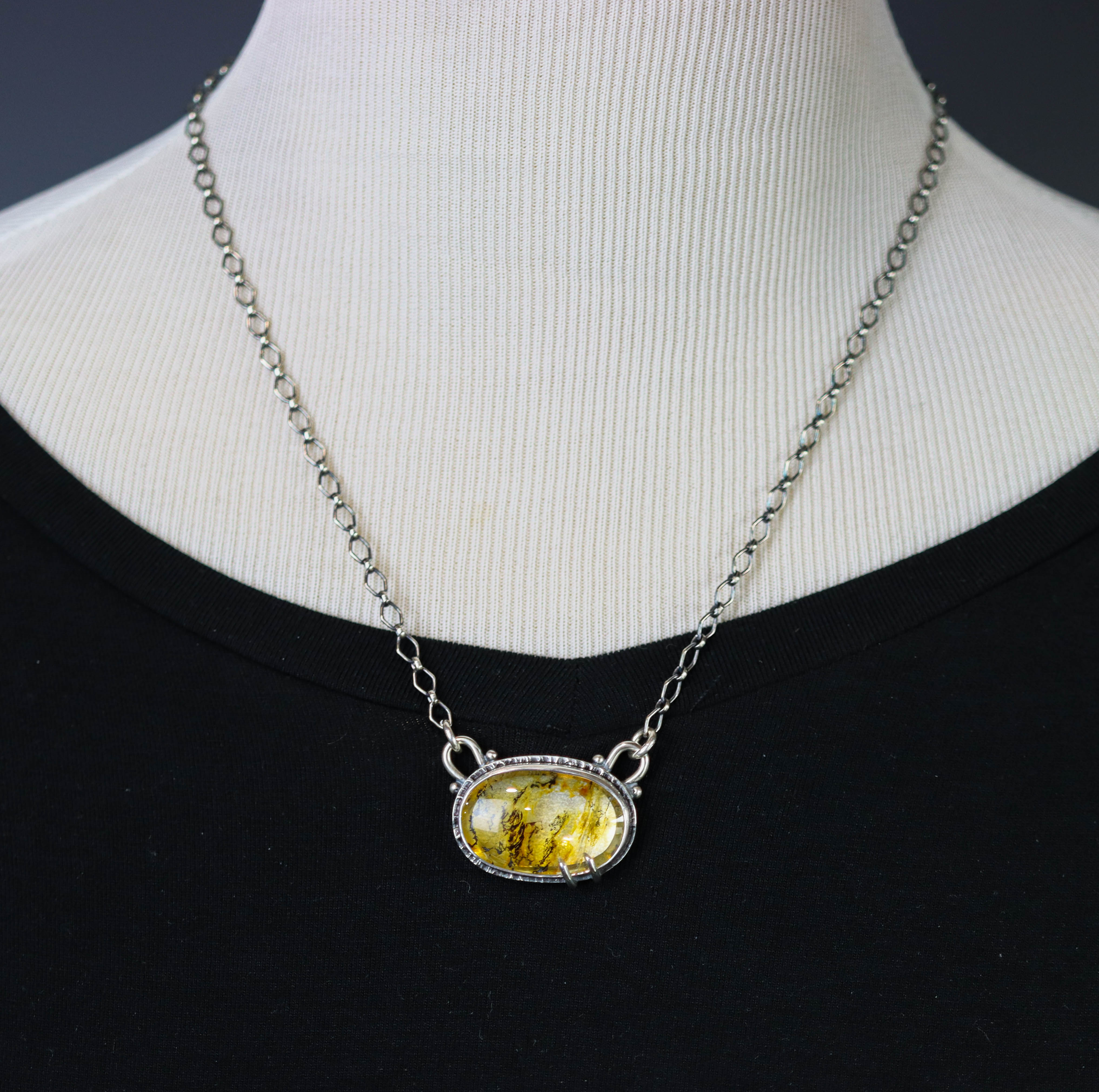 Golden Dendritic Quartz Sterling Silver Pendant Necklace