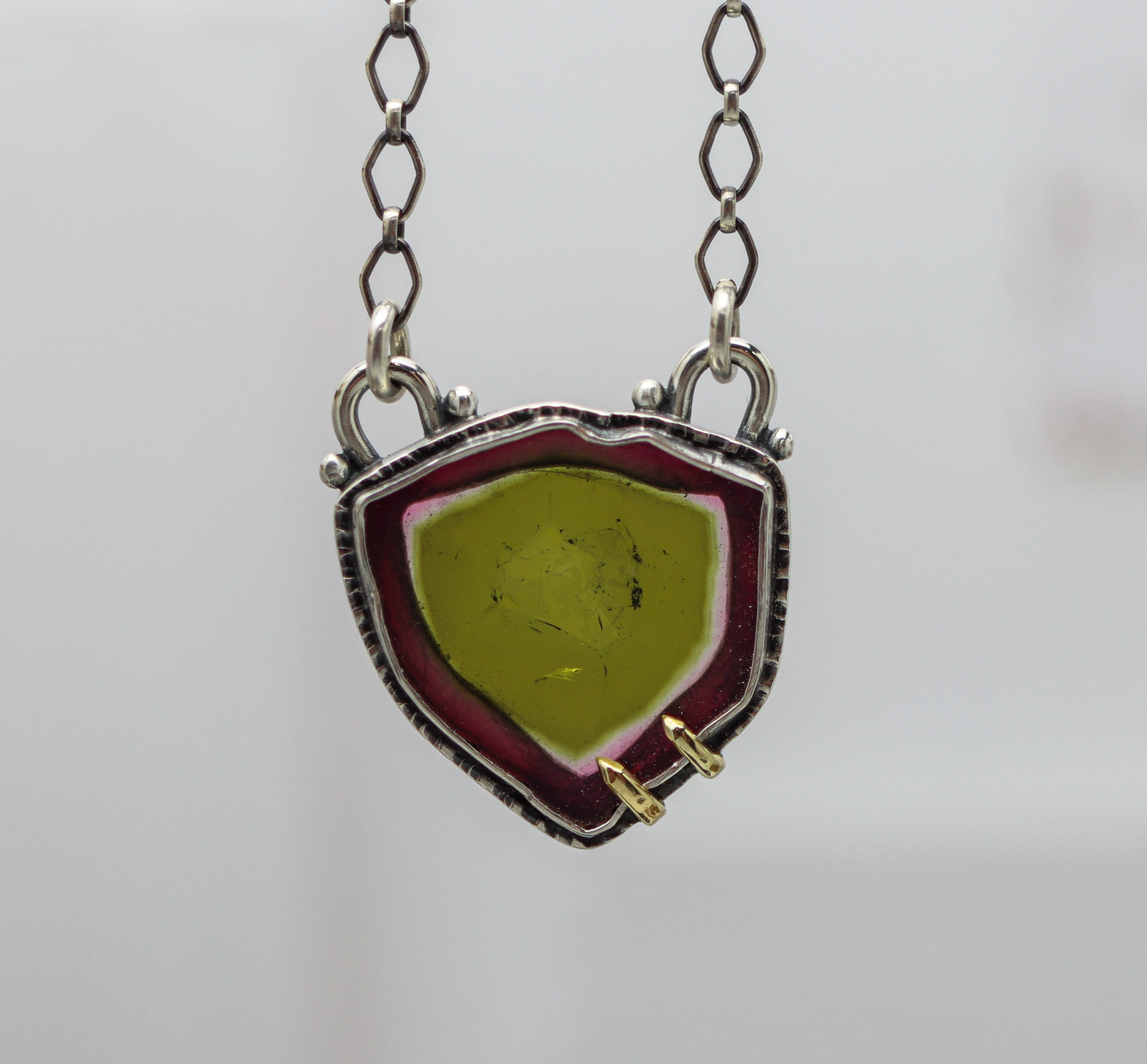 Raw Watermelon Tourmaline Slice Pendant Necklace Sterling Silver and 18k Gold