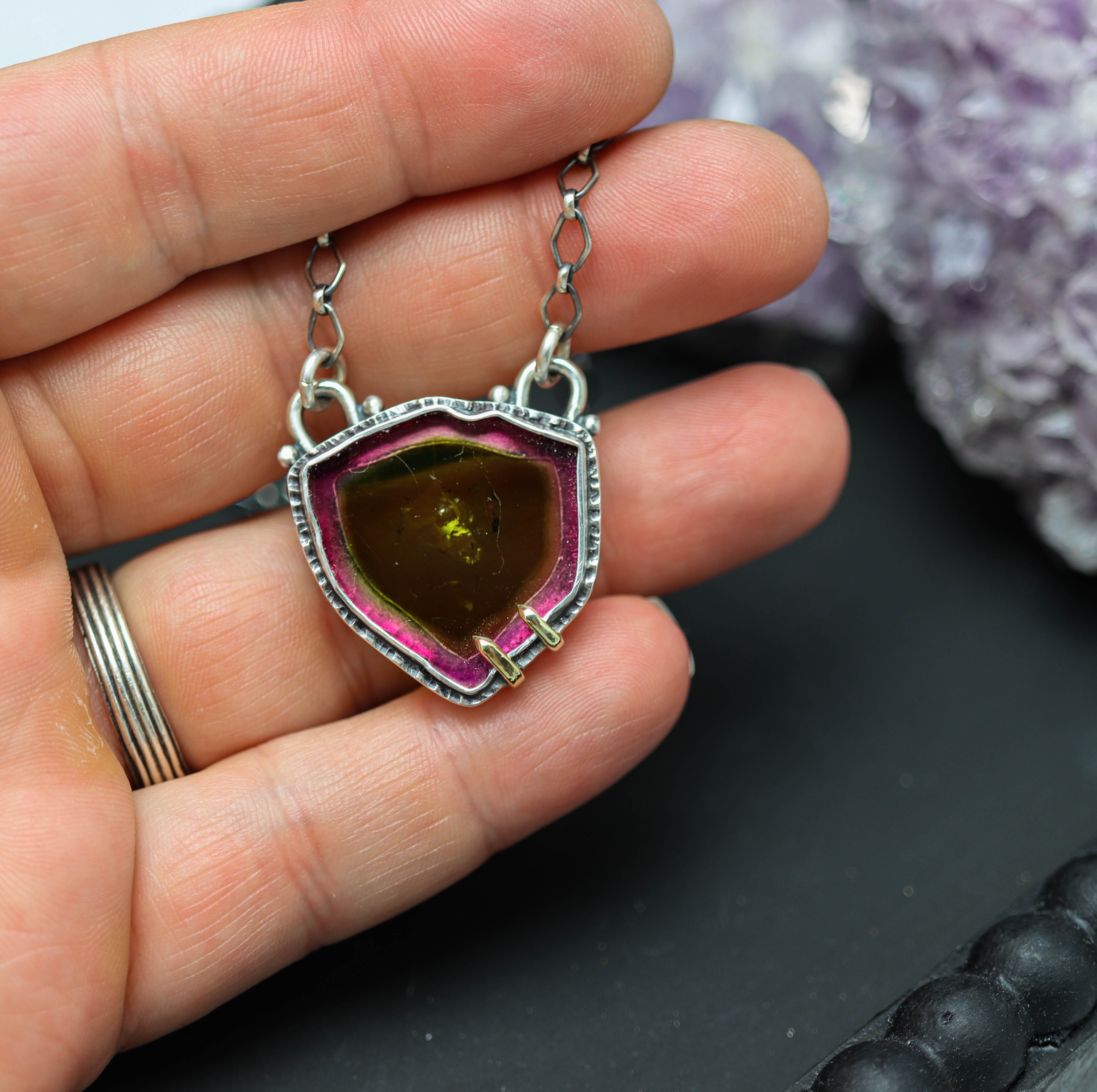 Stunning Raw Watermelon Tourmaline Slice Pendant Necklace Sterling Silver and 18k Gold