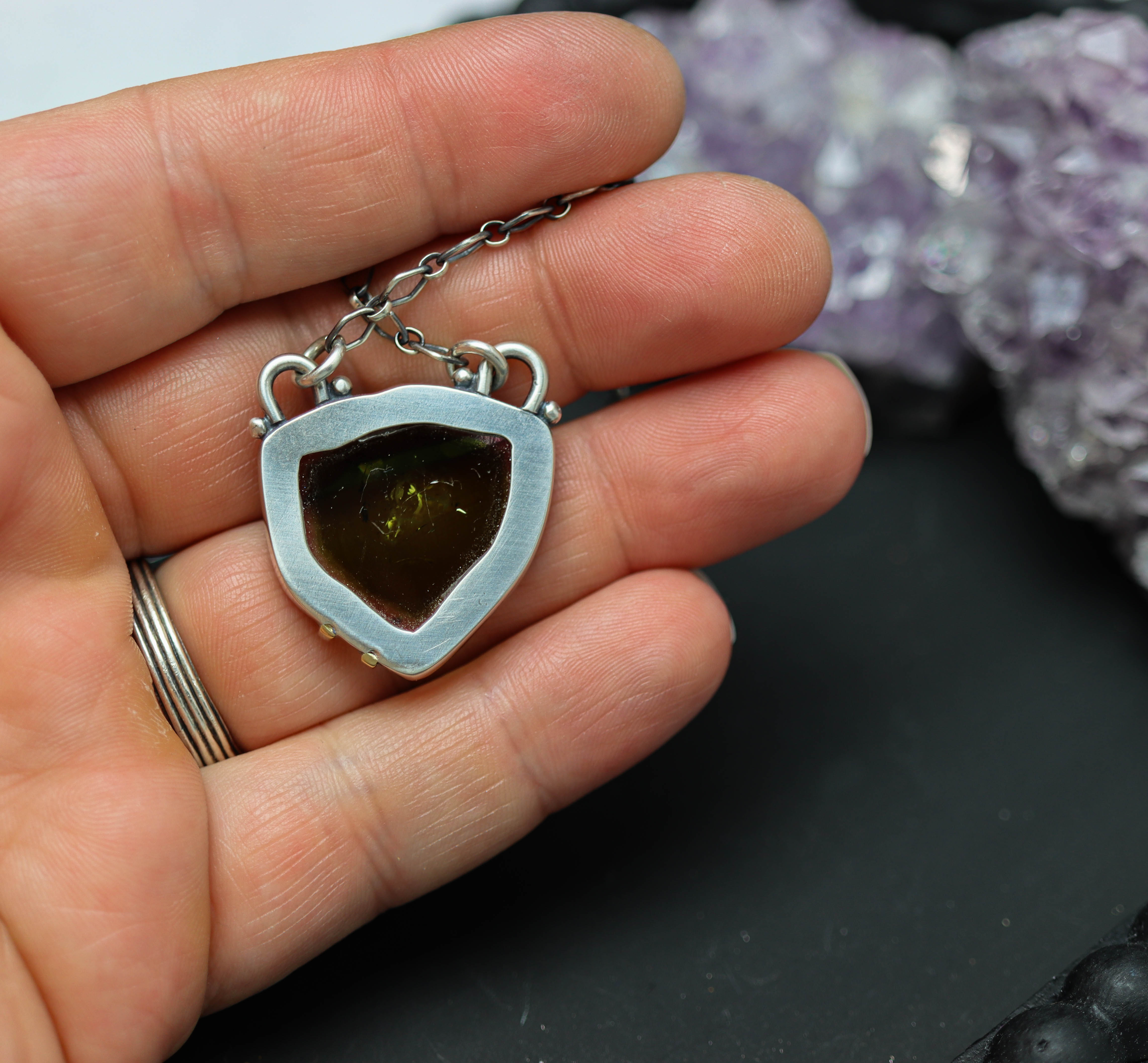 Stunning Raw Watermelon Tourmaline Slice Pendant Necklace Sterling Silver and 18k Gold