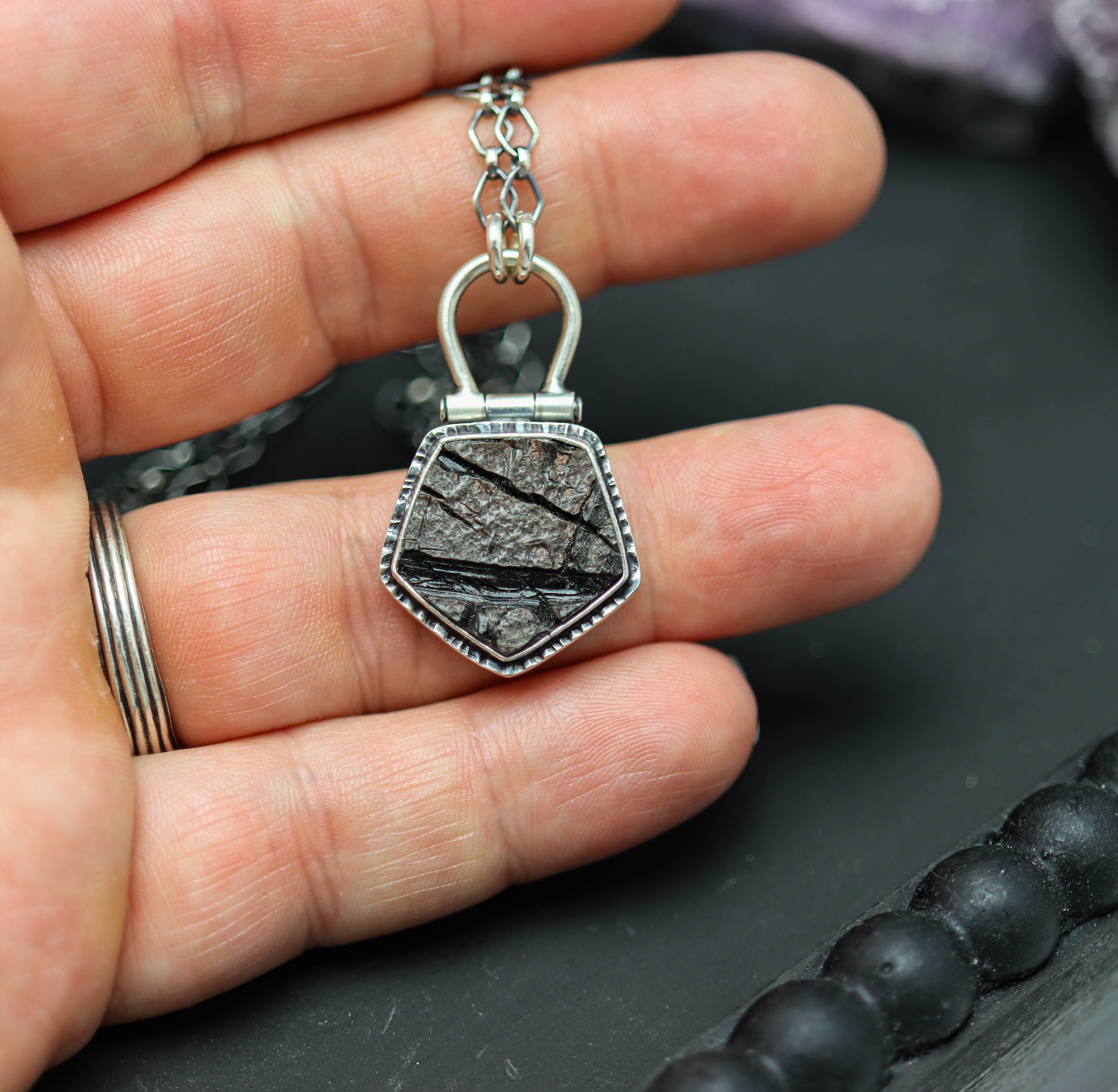 Natural Surface Obsidian Pendant Necklace Sterling Silver