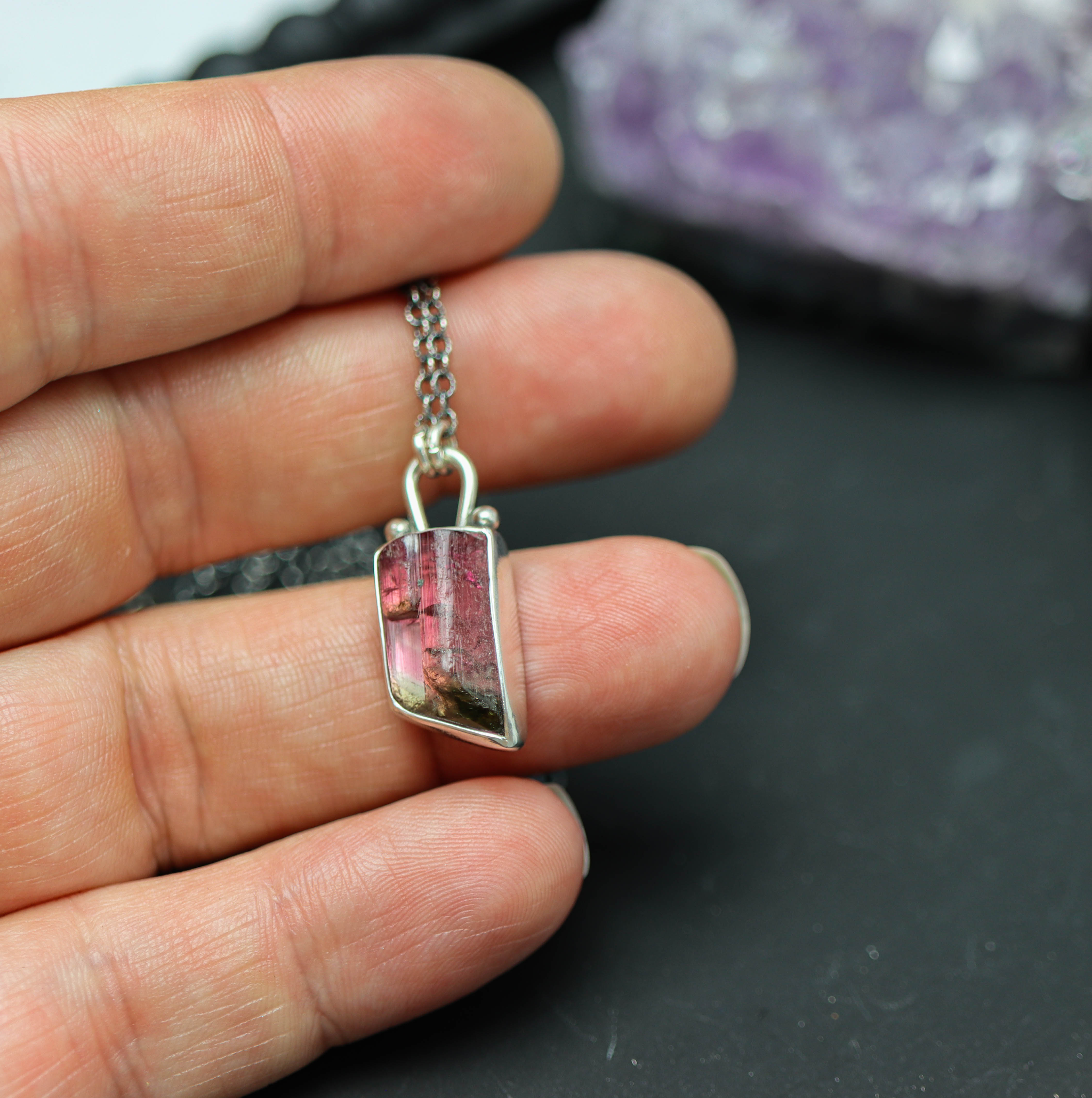 Raw Natural Surface Watermelon Tourmaline Crystal Pendant Necklace Sterling Silver
