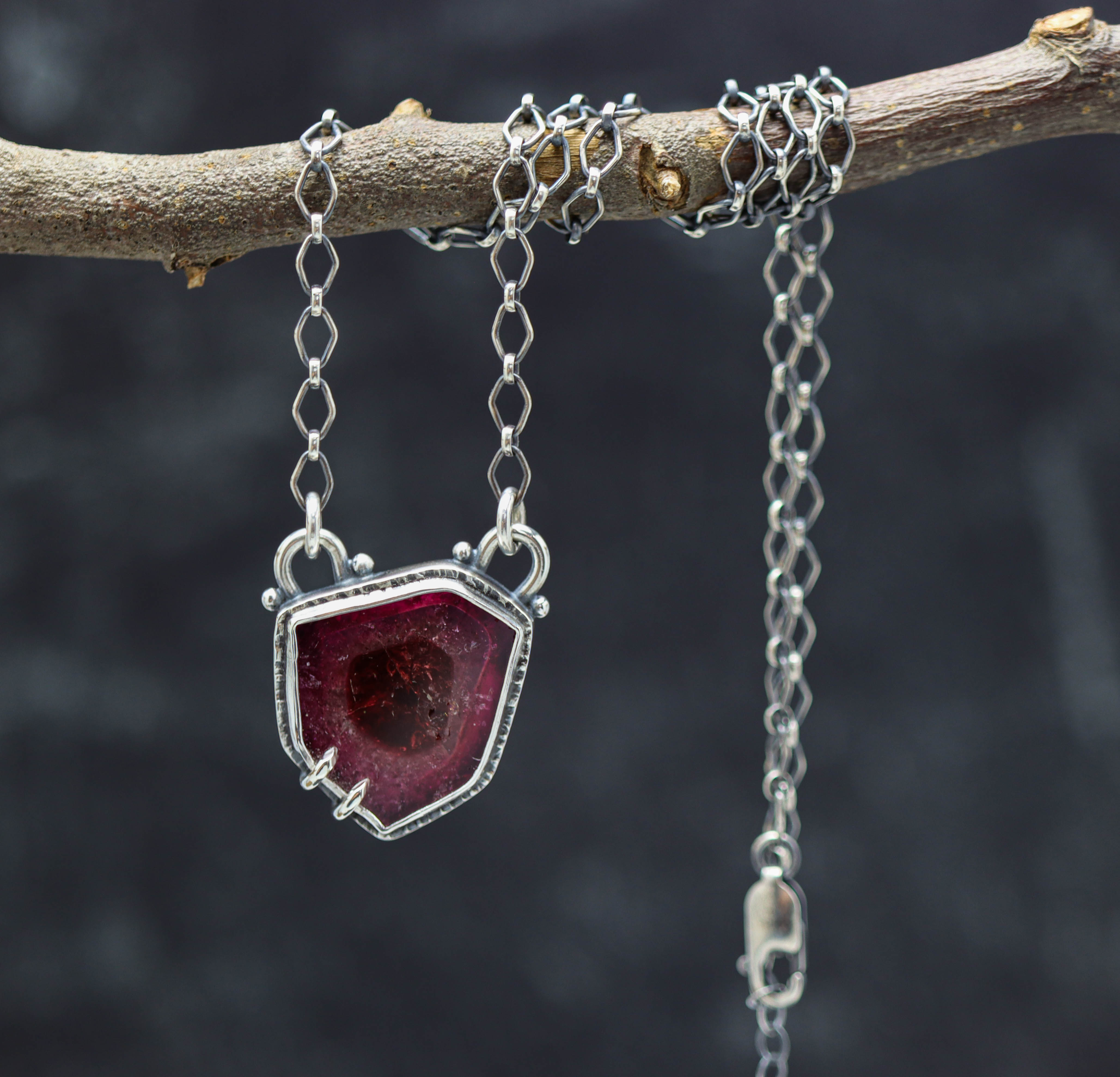 Raw Pink Tourmaline Slice Pendant Necklace Sterling Silver