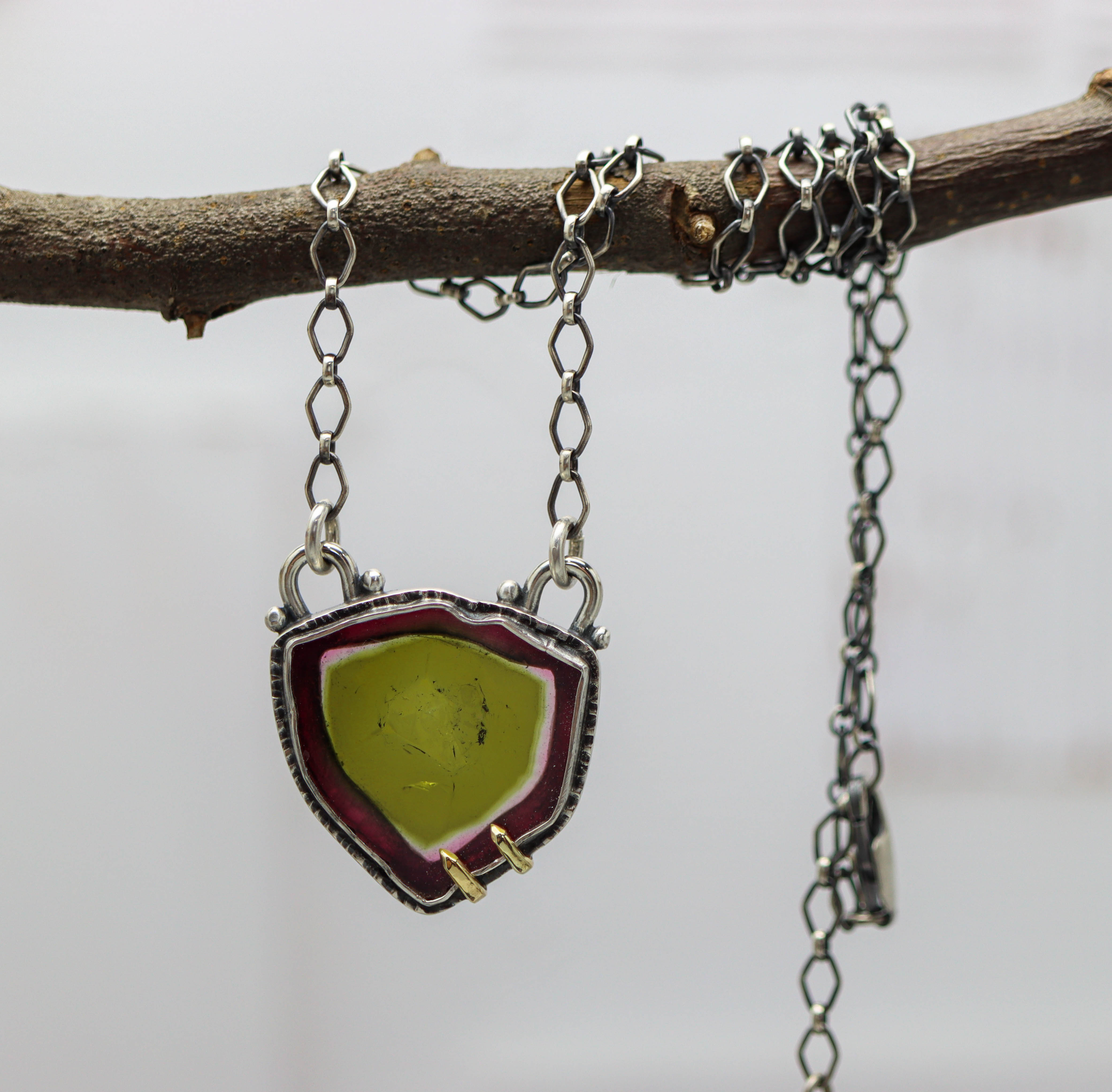 Stunning Raw Watermelon Tourmaline Slice Pendant Necklace Sterling Silver and 18k Gold