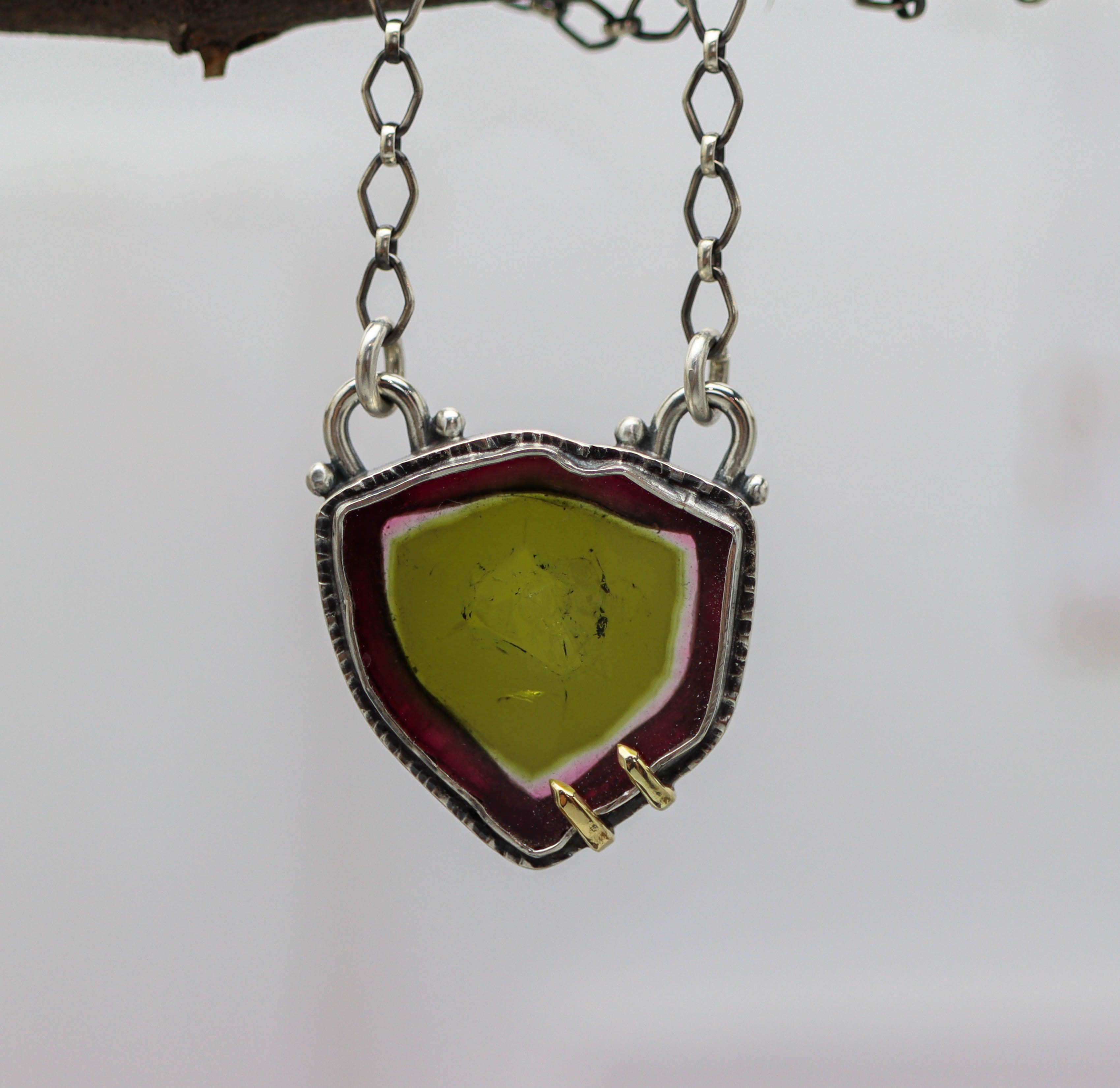 Stunning Raw Watermelon Tourmaline Slice Pendant Necklace Sterling Silver and 18k Gold