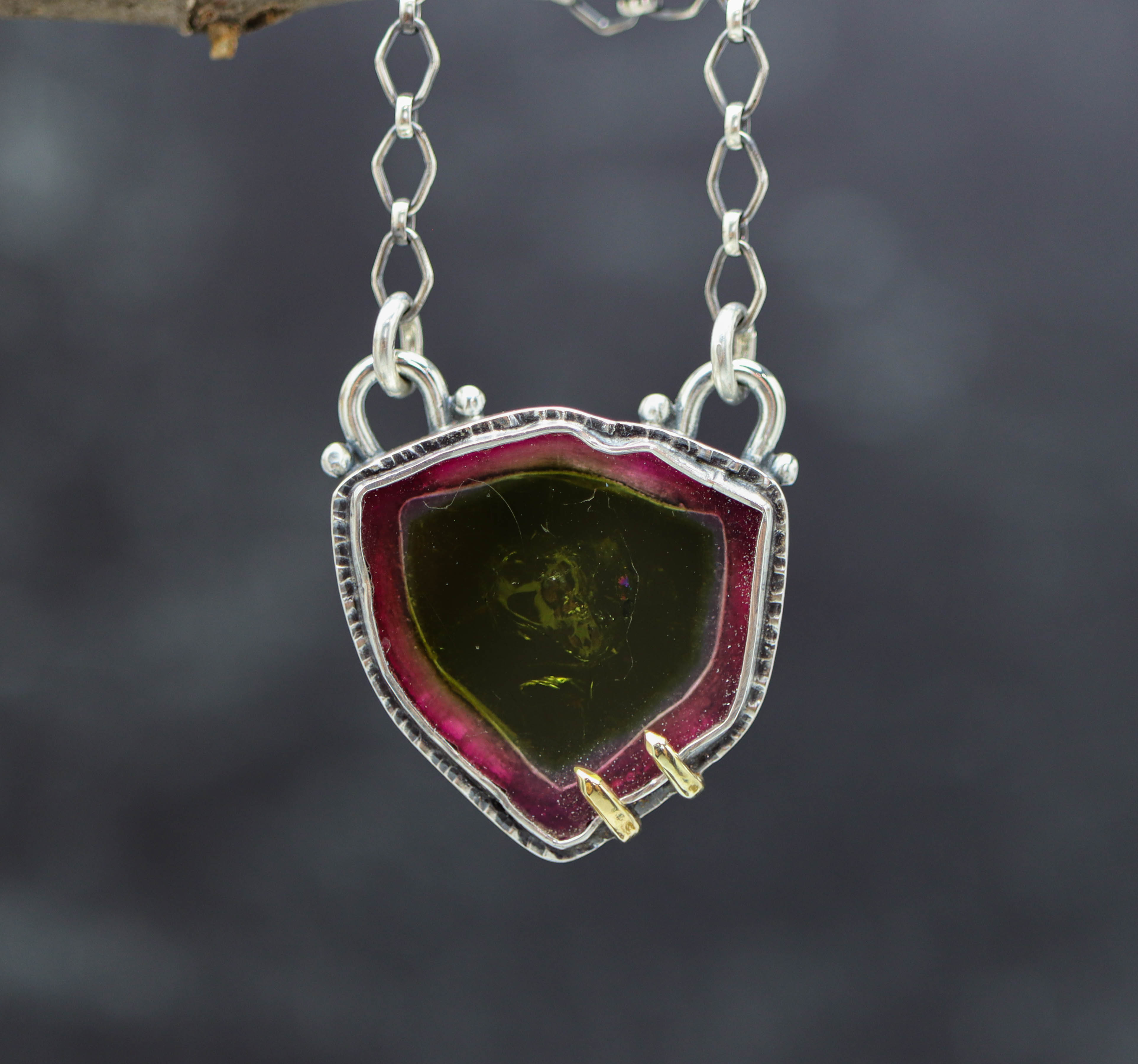 Stunning Raw Watermelon Tourmaline Slice Pendant Necklace Sterling Silver and 18k Gold