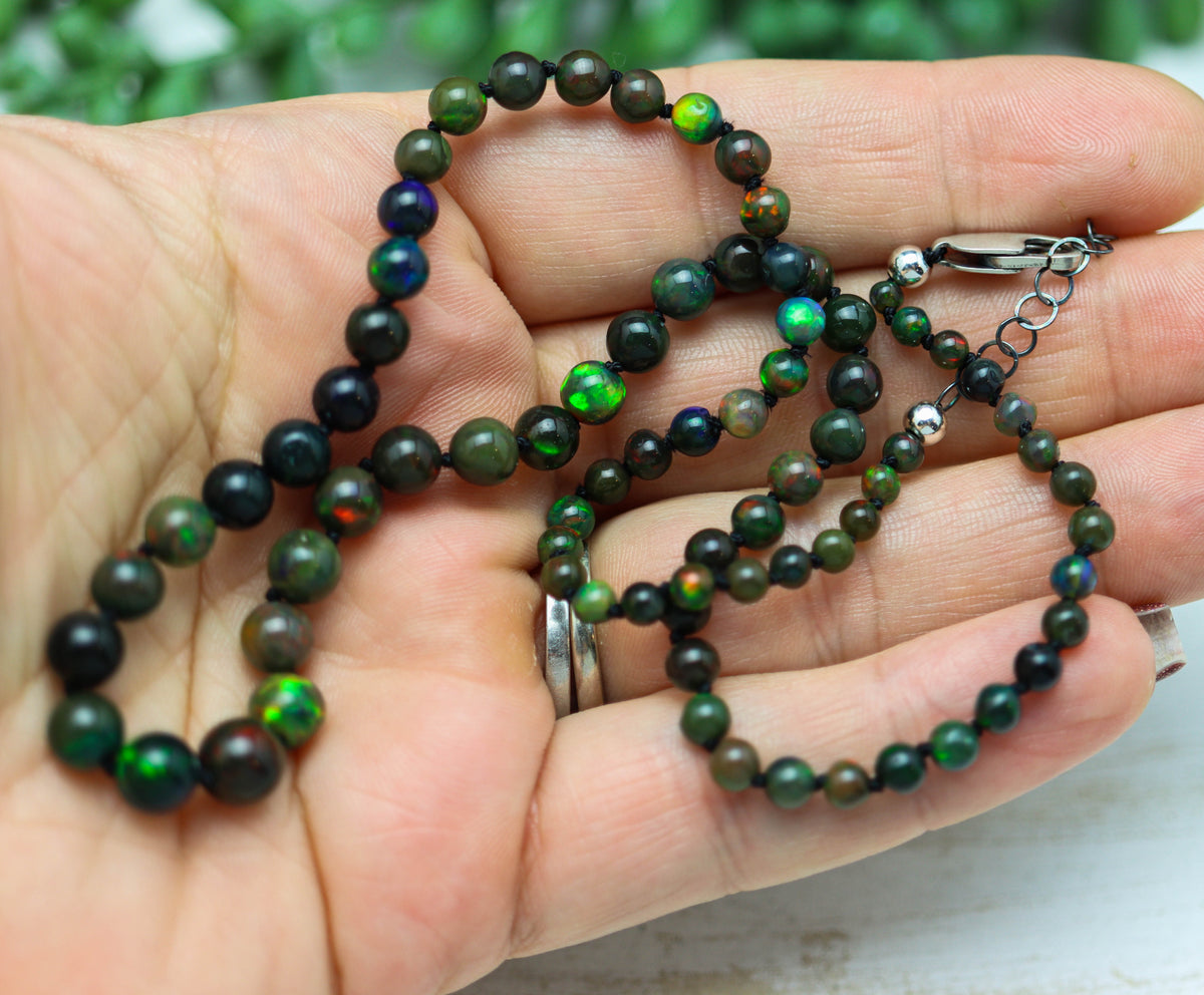 Black Opal Hand Knotted Bead Necklace Sterling Silver