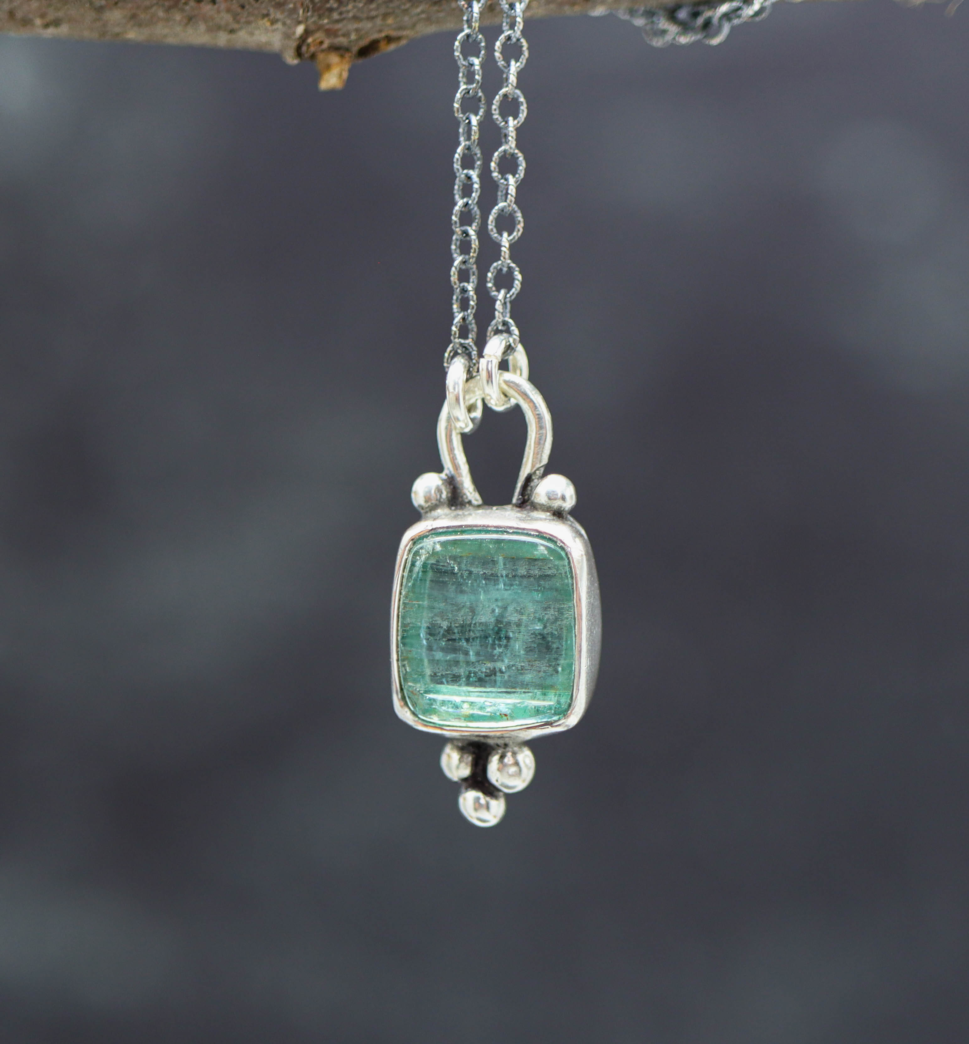 Raw Natural Surface Blue Tourmaline Slice Pendant Necklace Sterling Silver