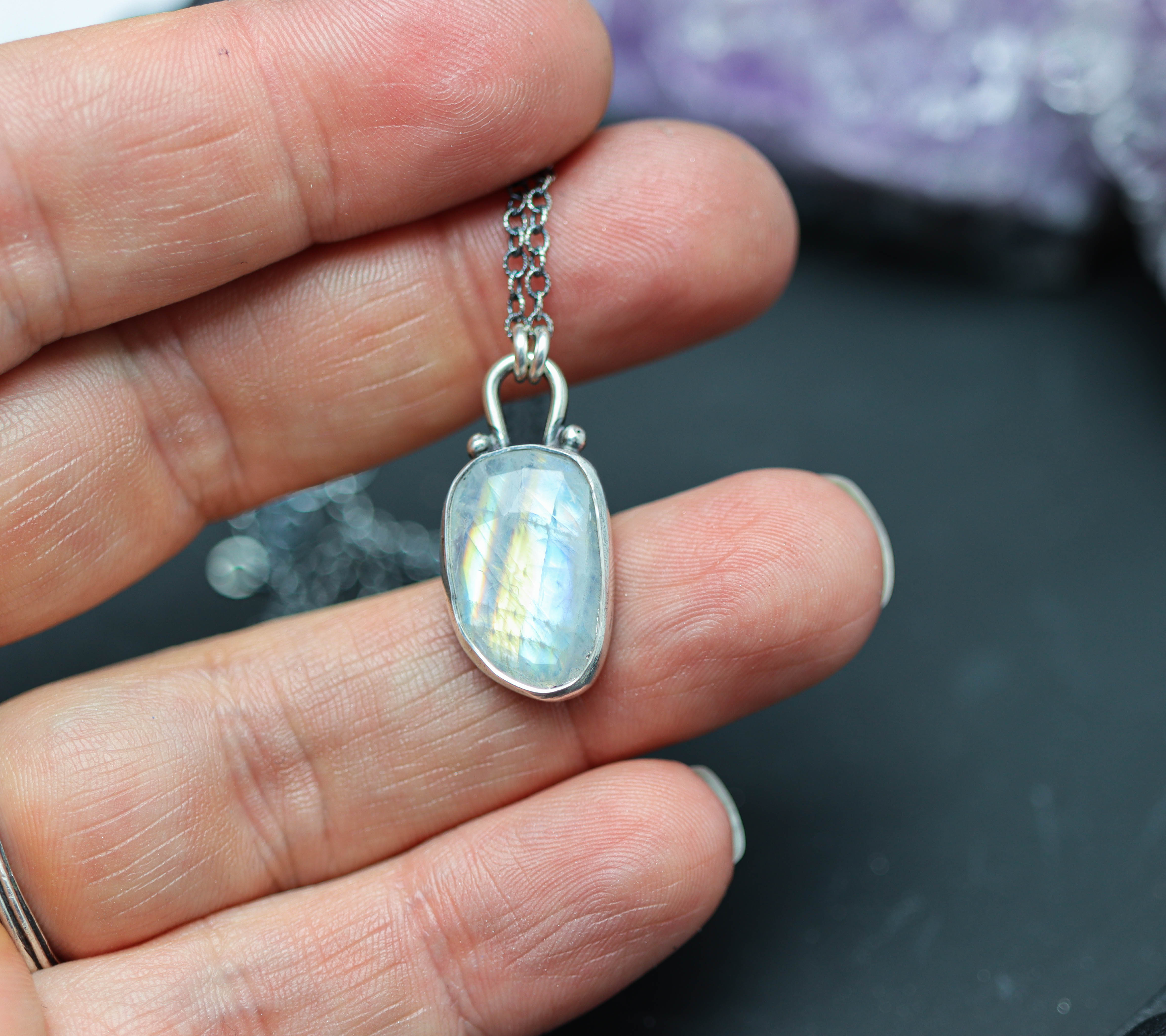 Rainbow Moonstone Petite Pendant Necklace in Sterling Silver