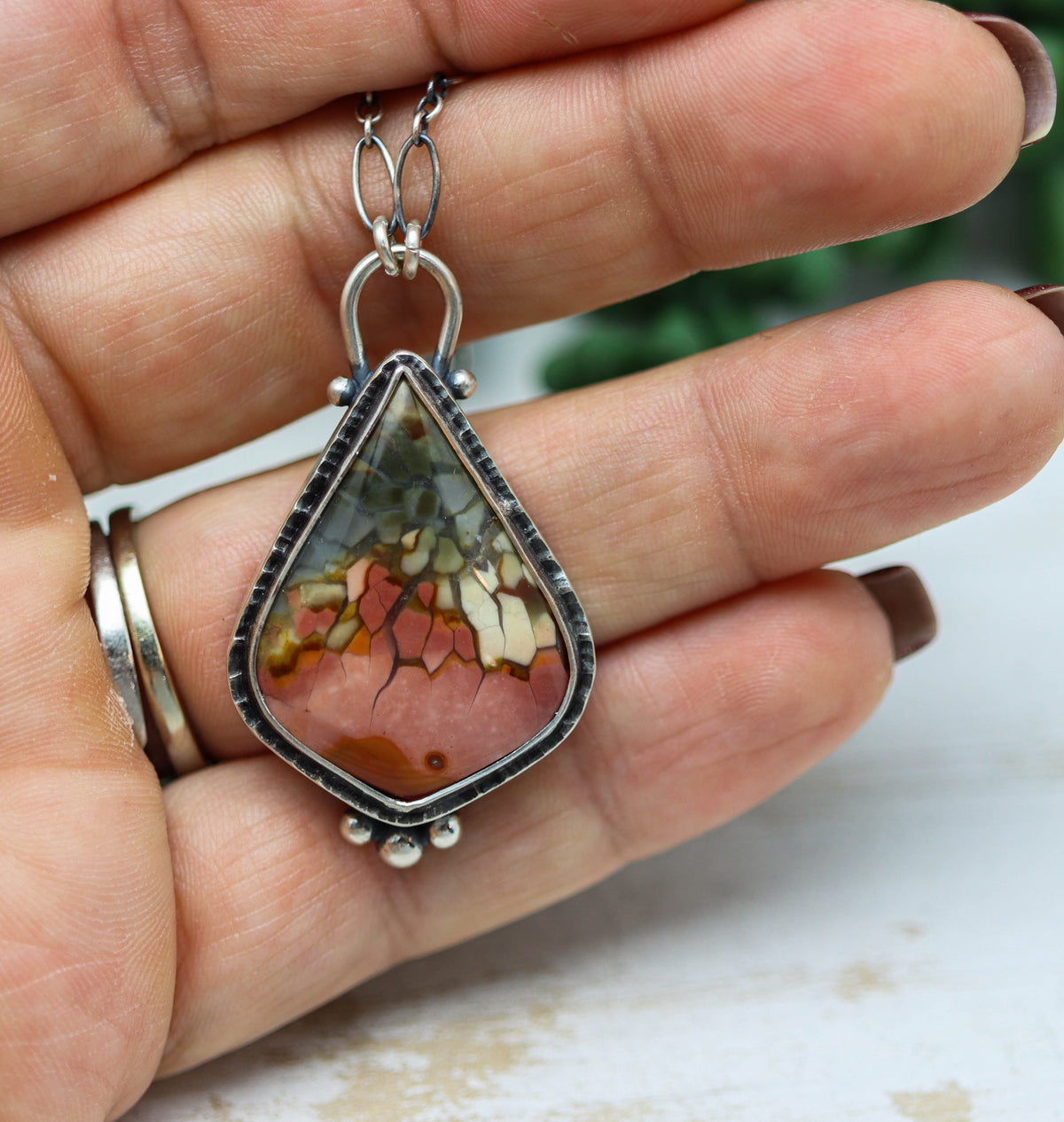 Brecciated Polychrome Jasper Pendant Necklace in Sterling Silver