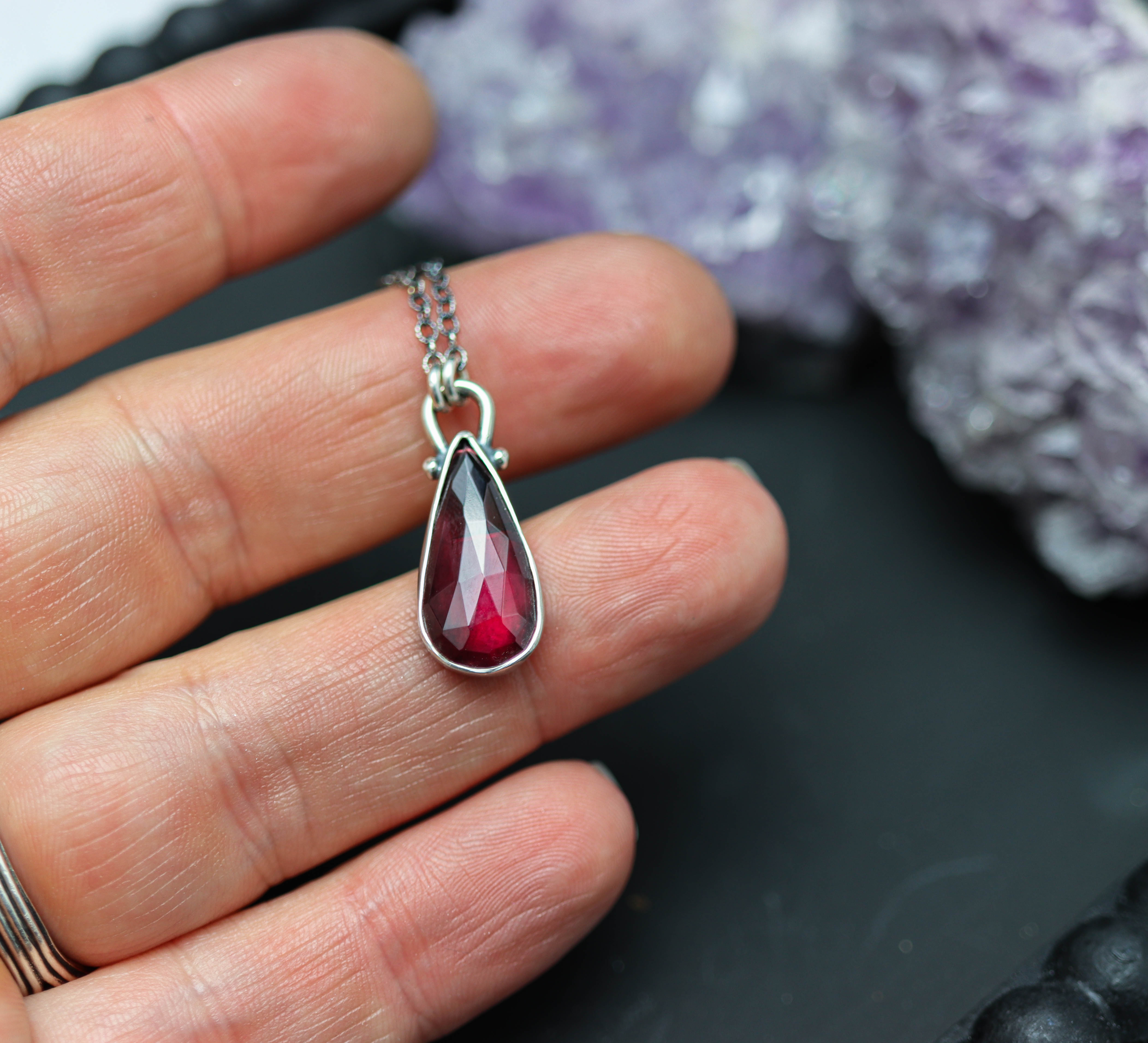 Garnet Petite Pendant Necklace in Sterling Silver