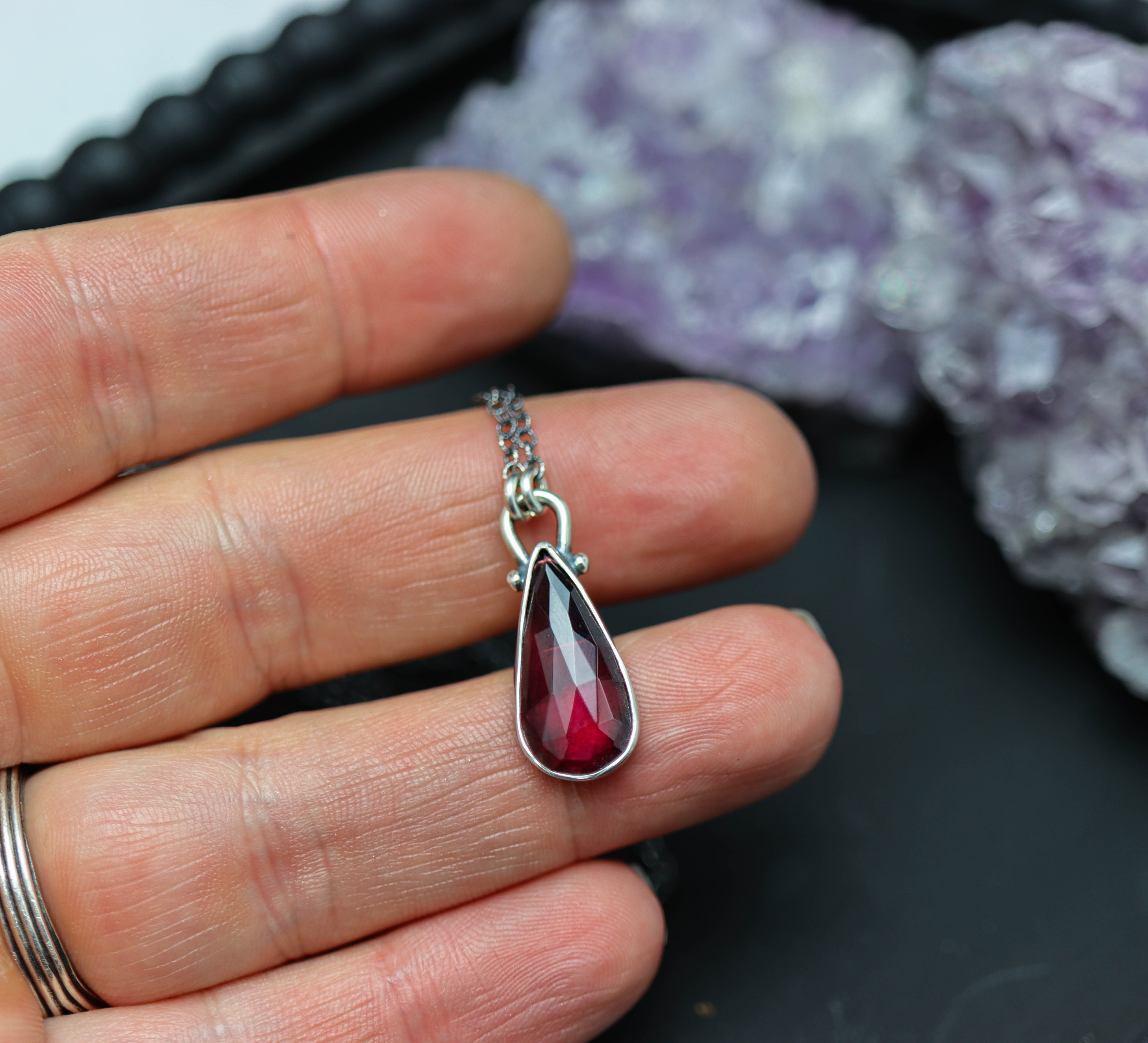 Garnet Petite Pendant Necklace in Sterling Silver