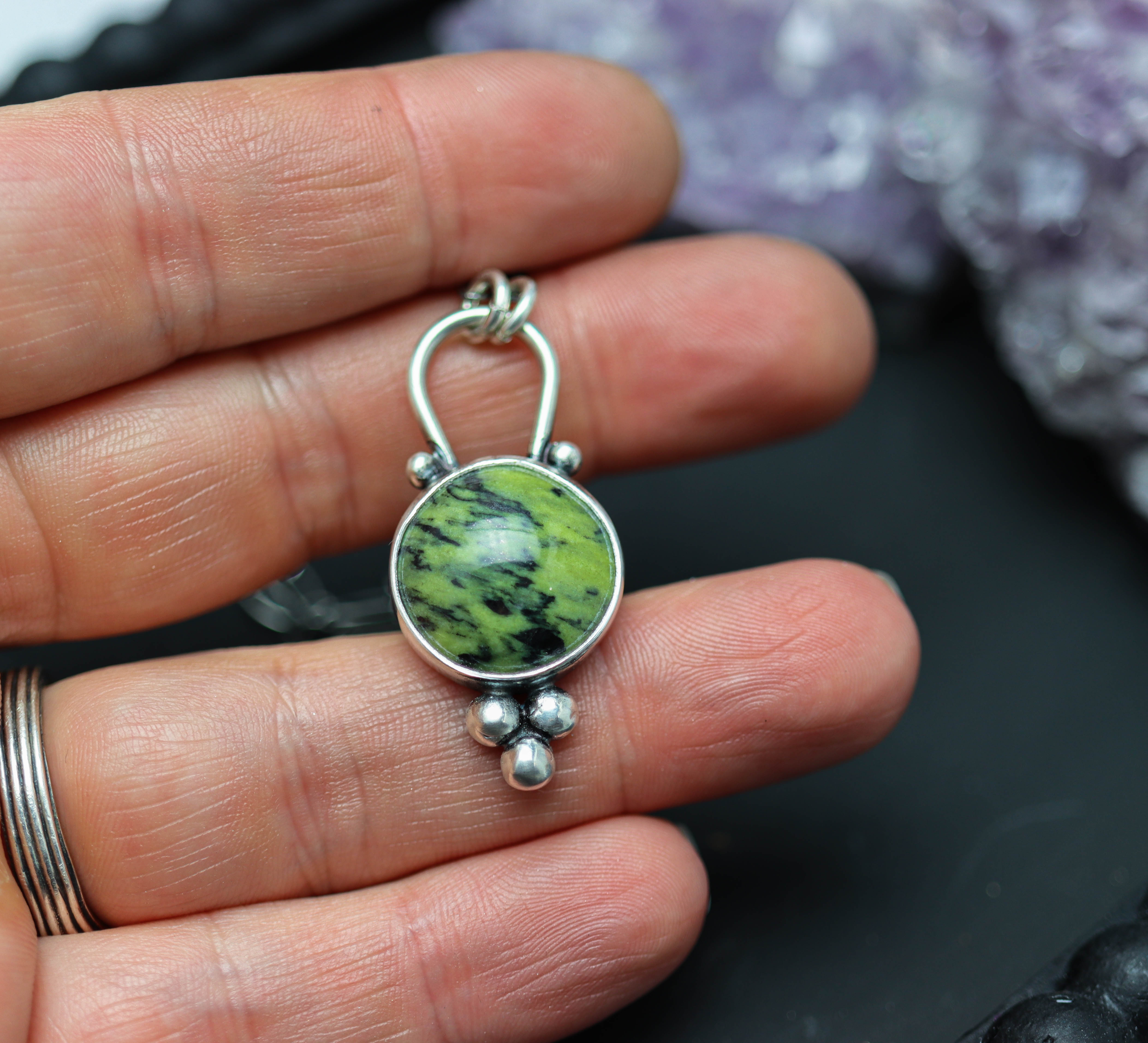 Green Serpentine Pendant Sterling Silver One Of a Kind Gemstone Necklace
