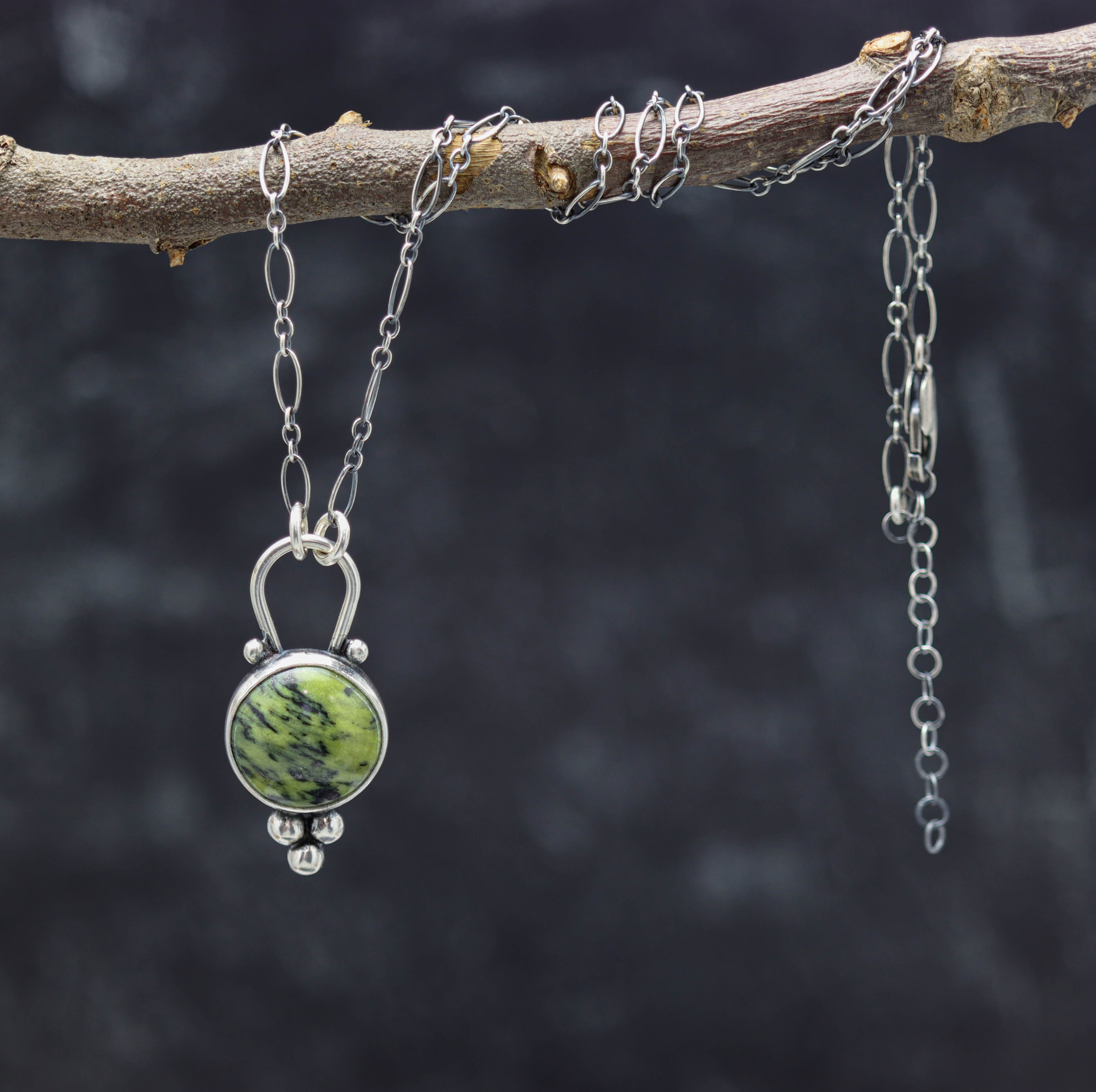 Green Serpentine Pendant Sterling Silver One Of a Kind Gemstone Necklace