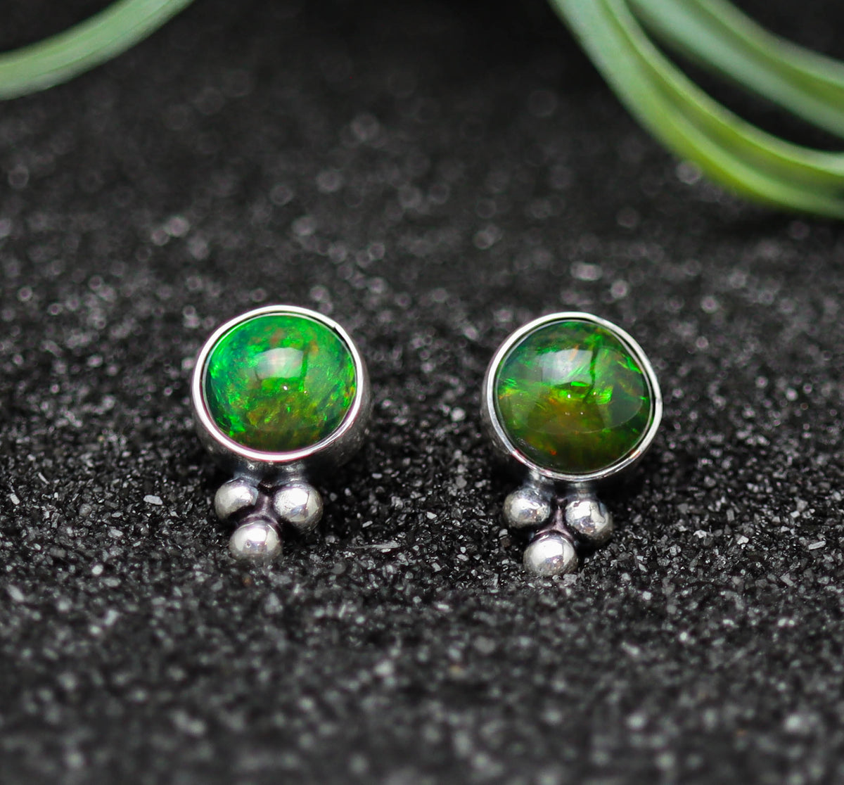 Ethiopian Black Opal Stud Earrings Sterling Silver