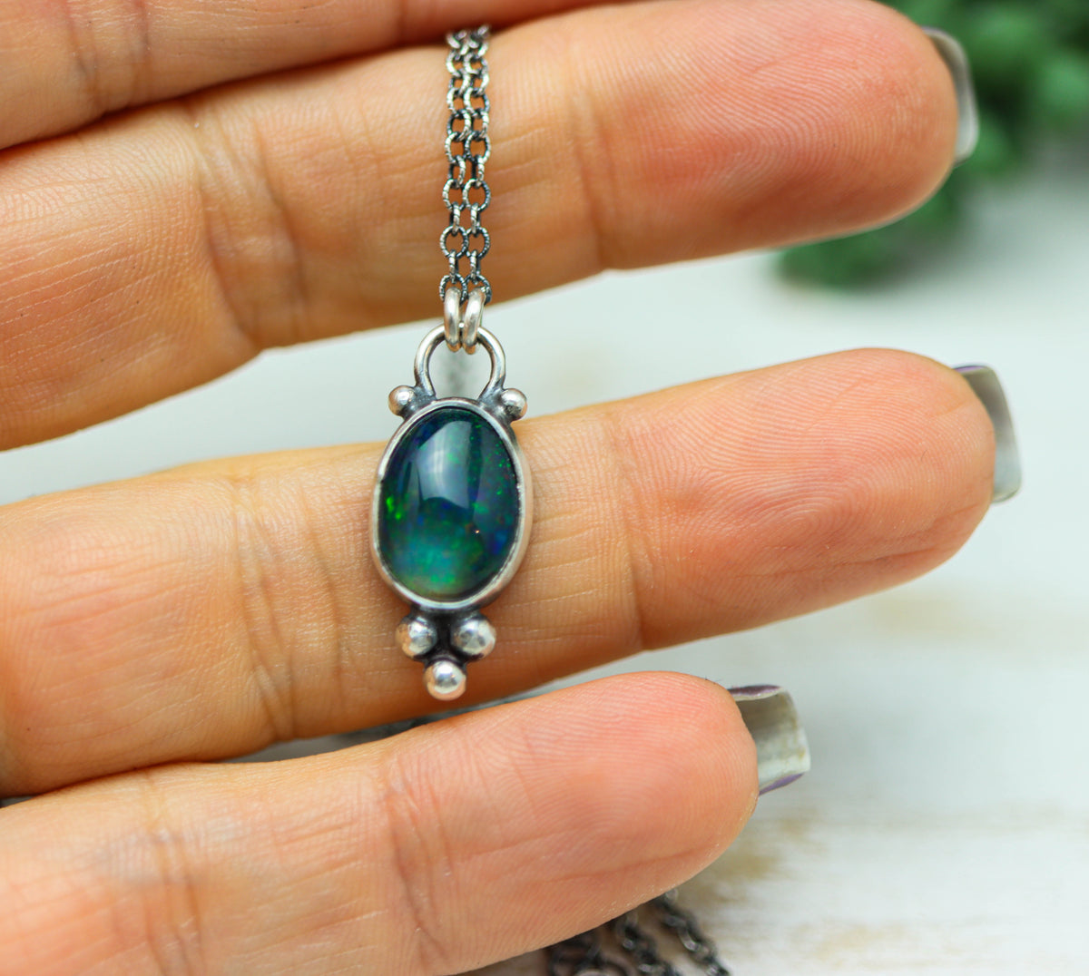 Ethiopian Black Opal Pendant Necklace in Sterling Silver