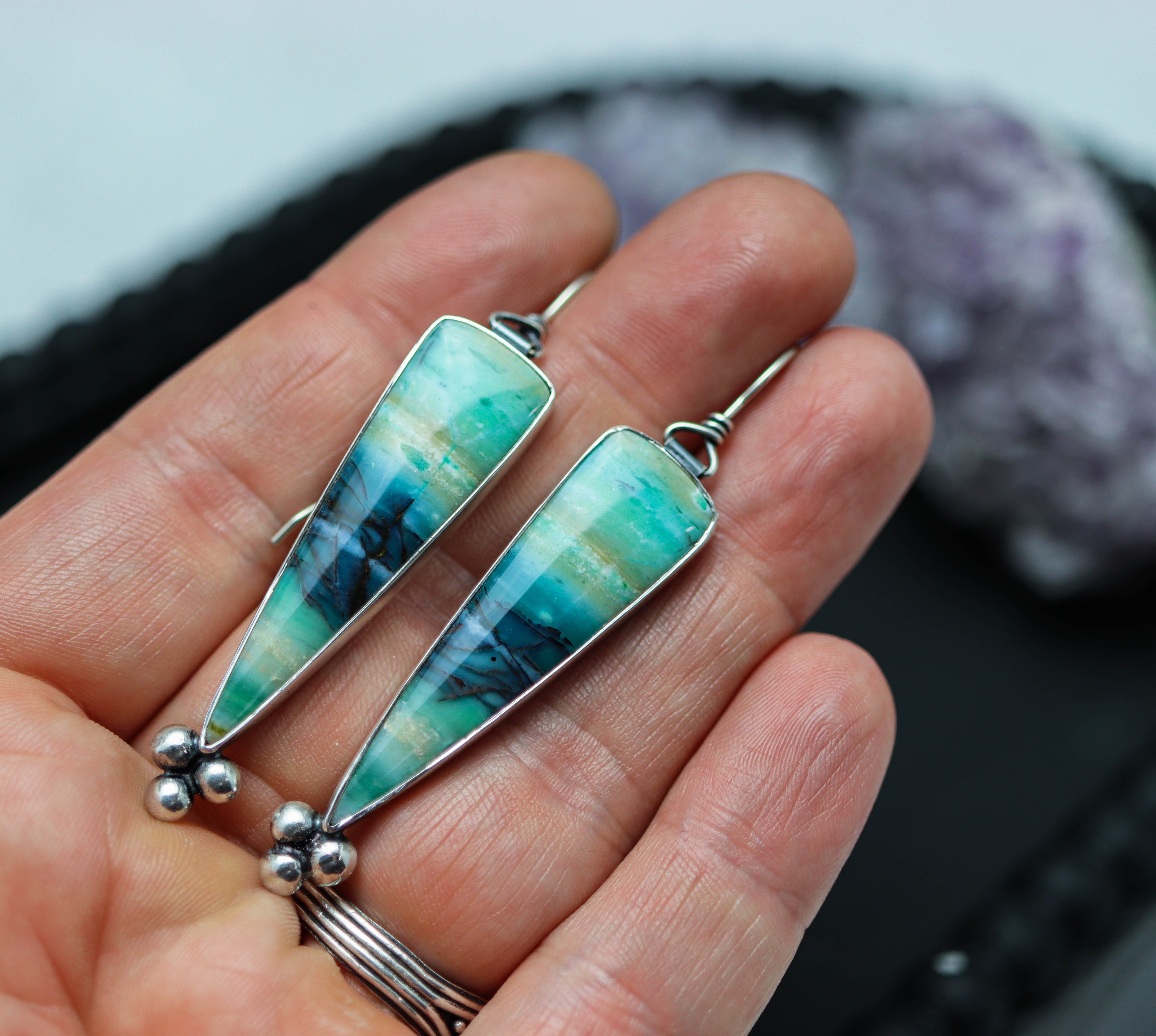 Opalized Petrified Wood Dangle Earrings Sterling Silver