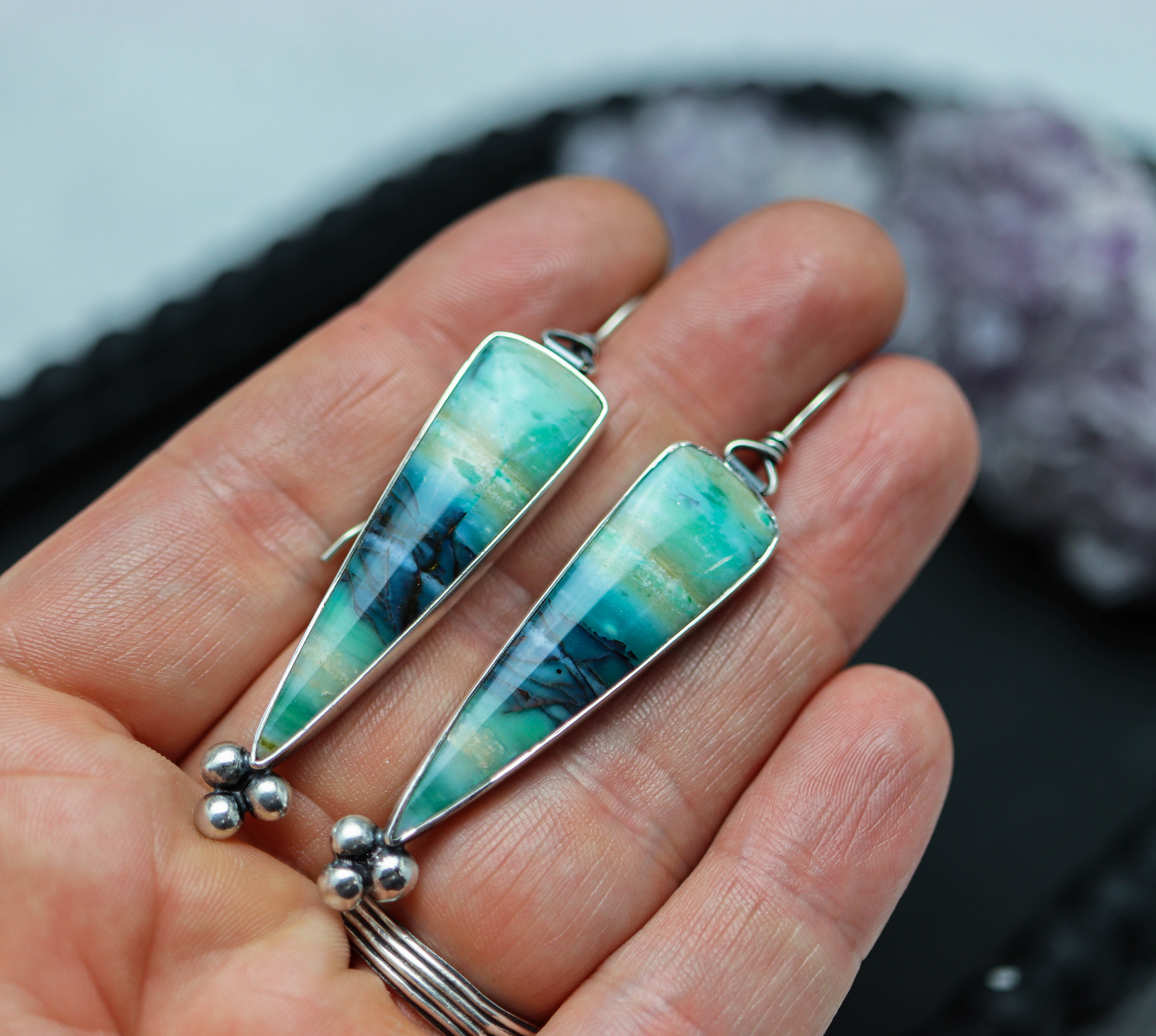 Opalized Petrified Wood Dangle Earrings Sterling Silver