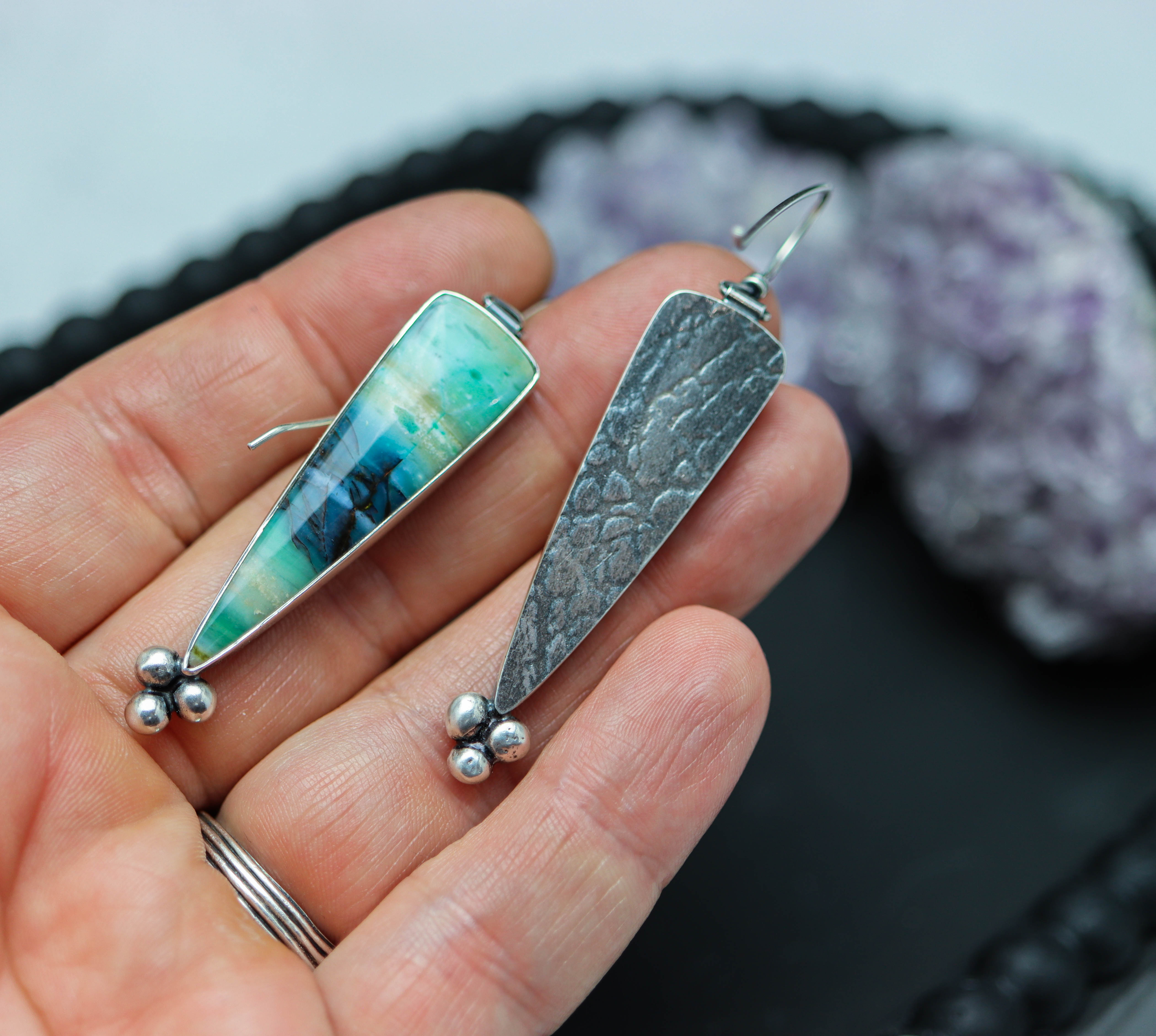 Opalized Petrified Wood Dangle Earrings Sterling Silver