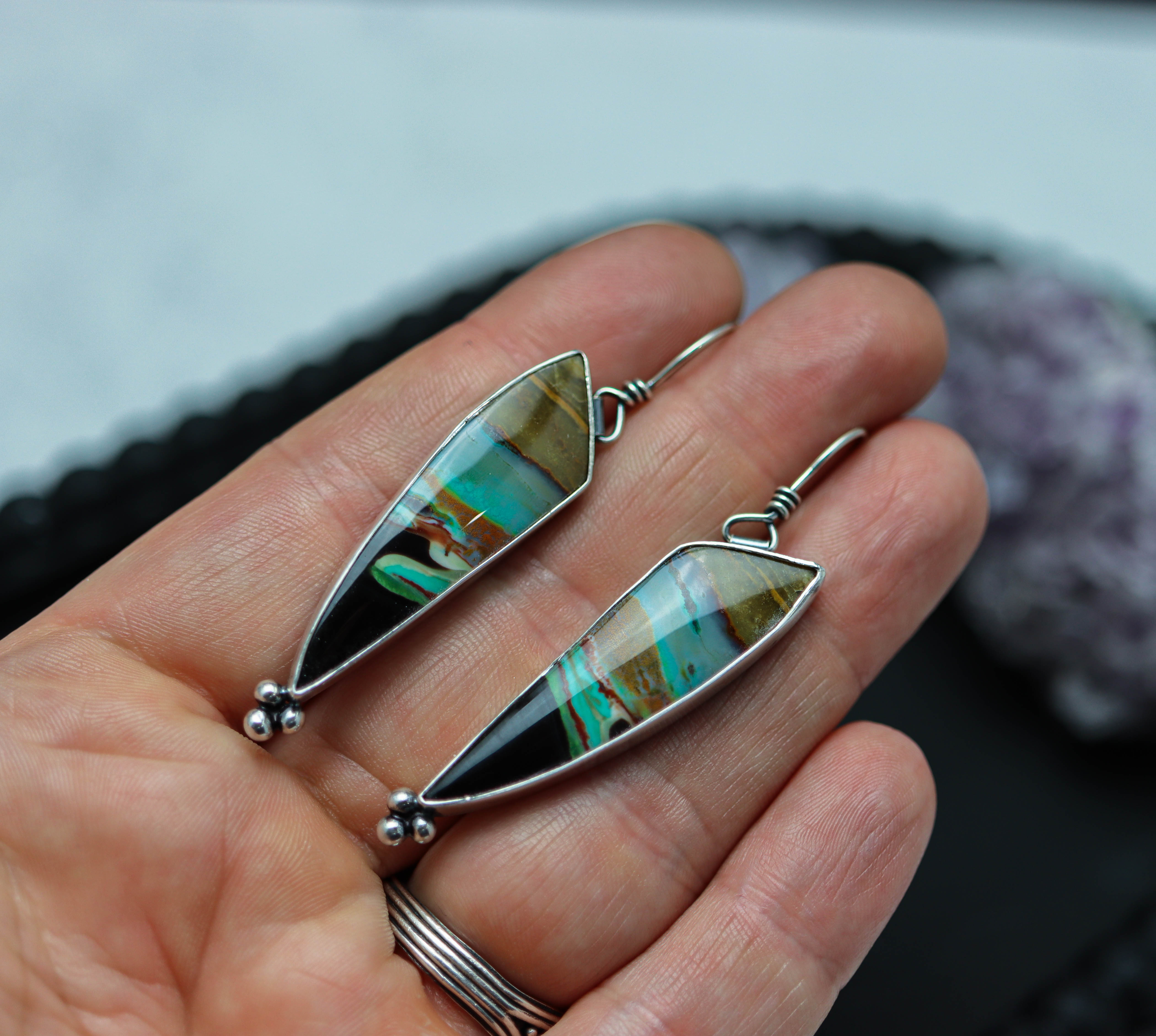 Opalized Petrified Wood Dangle Earrings Sterling Silver