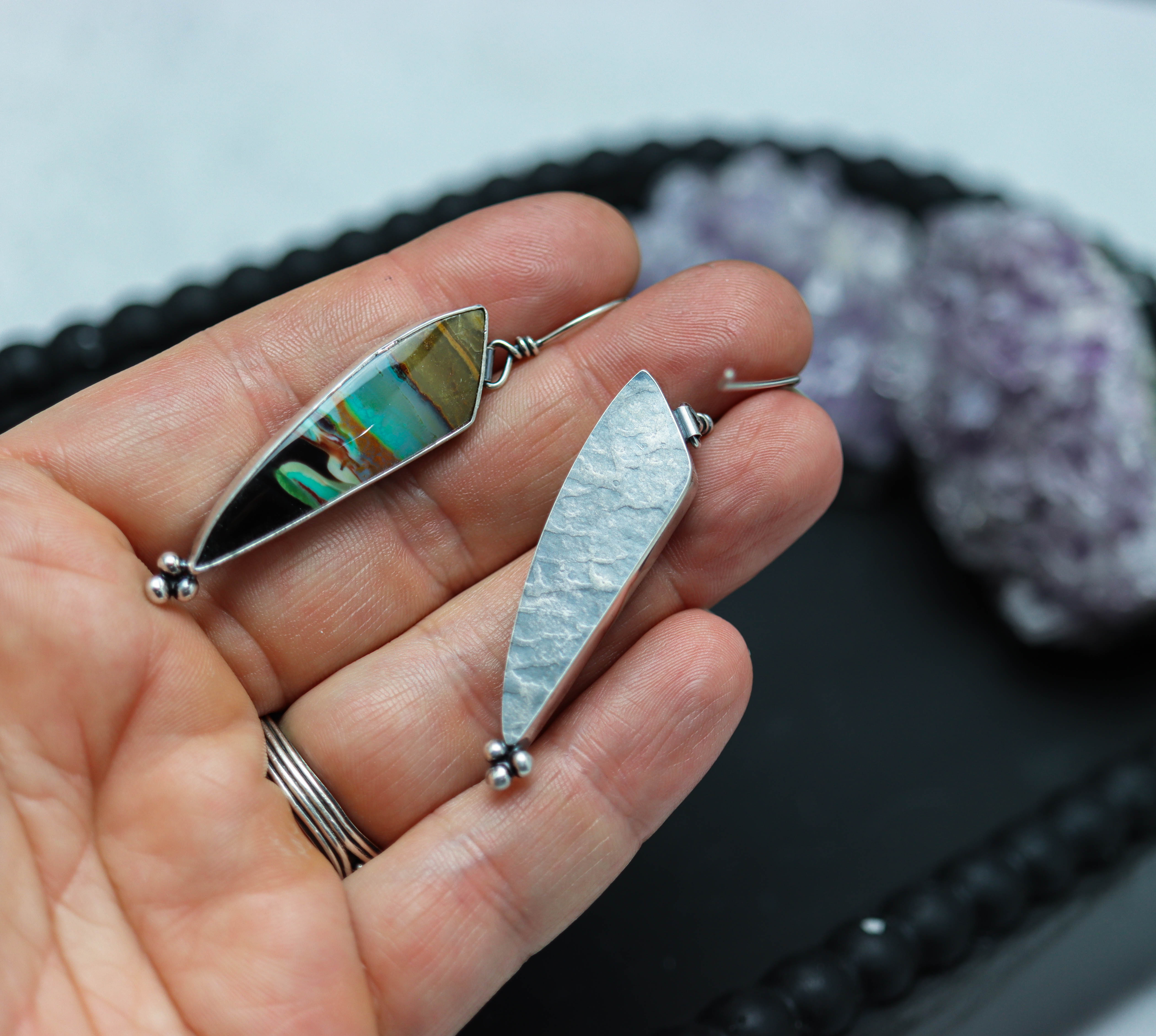 Opalized Petrified Wood Dangle Earrings Sterling Silver