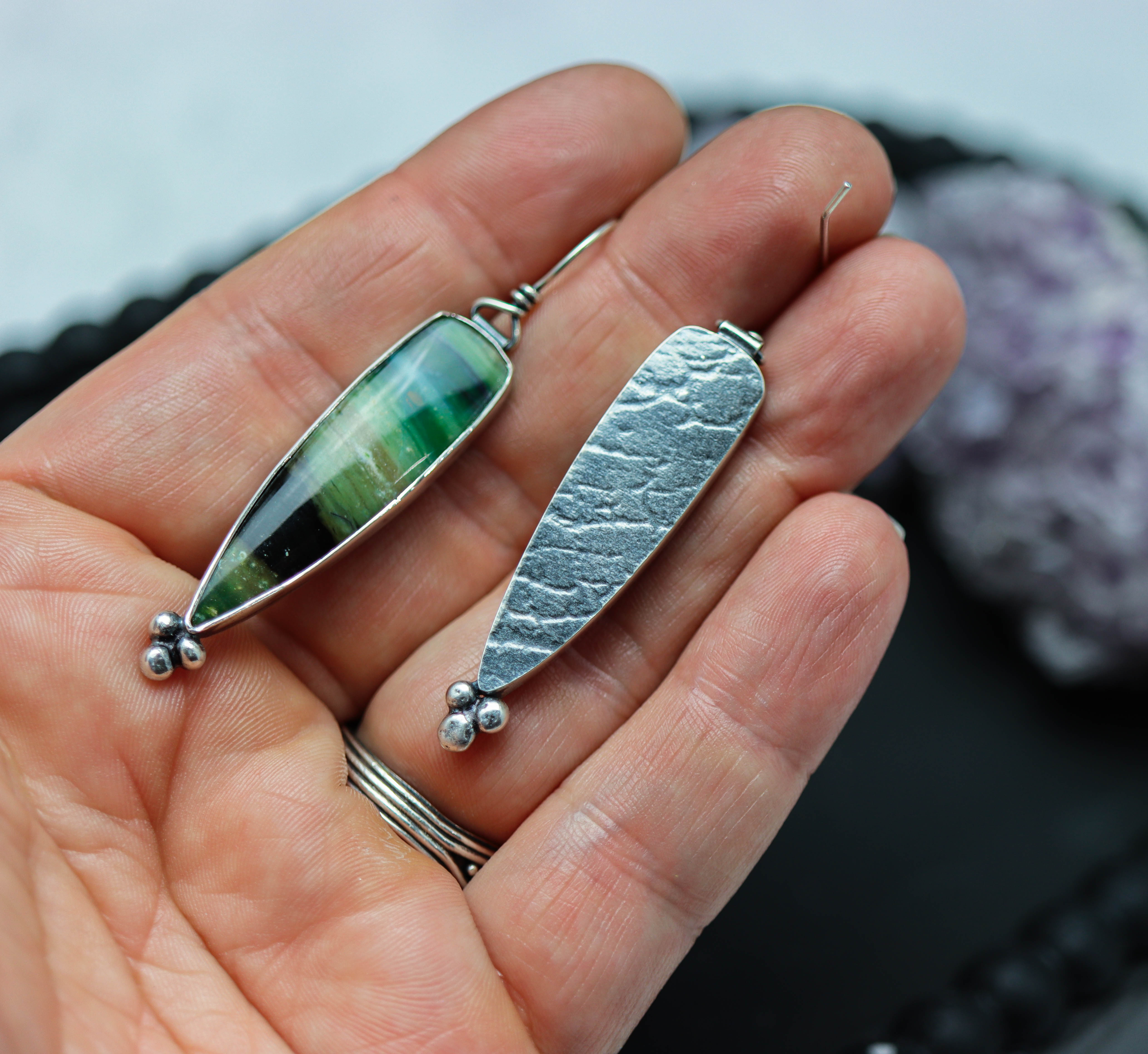 Opalized Petrified Wood Dangle Earrings Sterling Silver