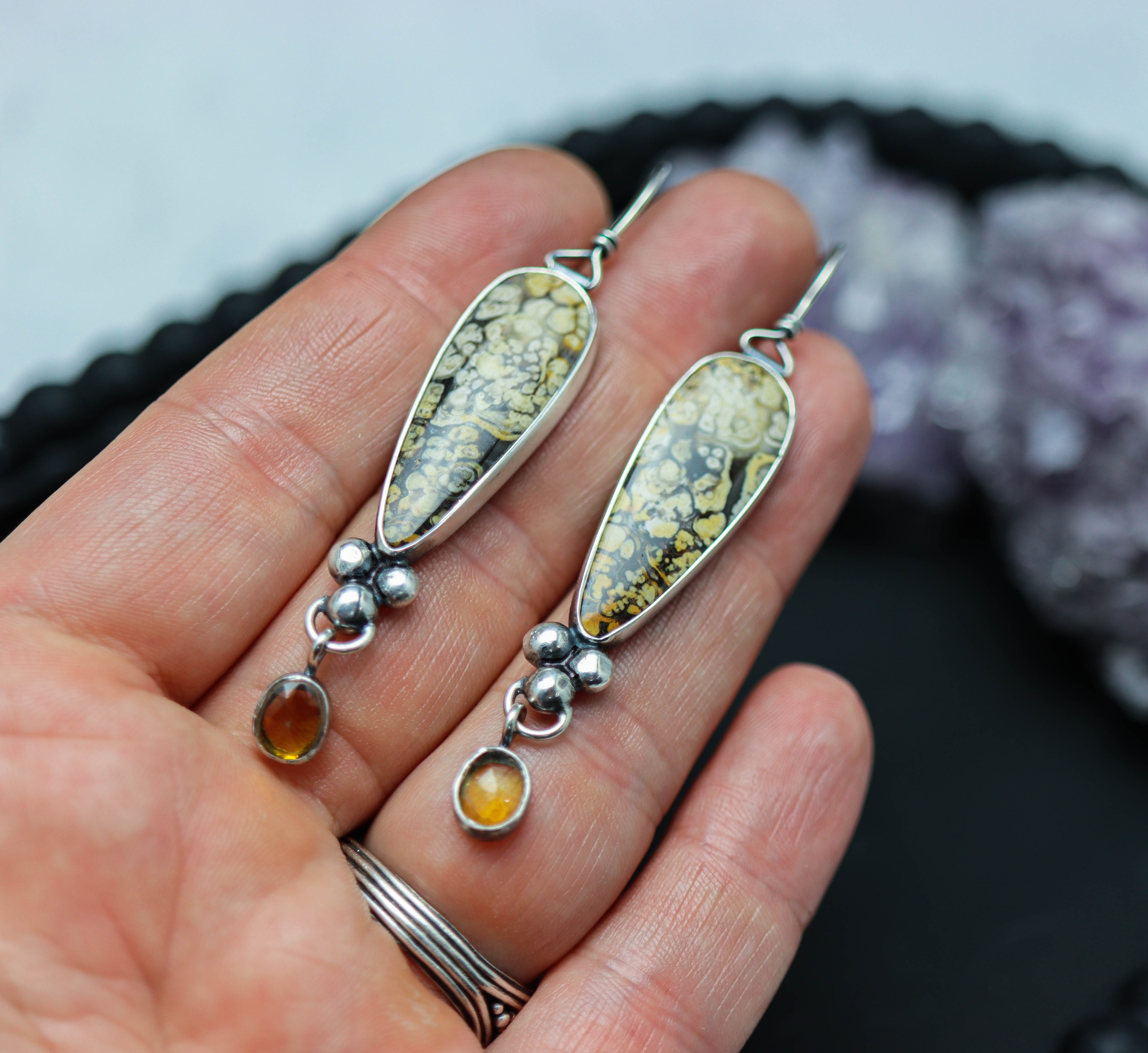 Plume Agate and Mandarine Citrine Dangle Earrings