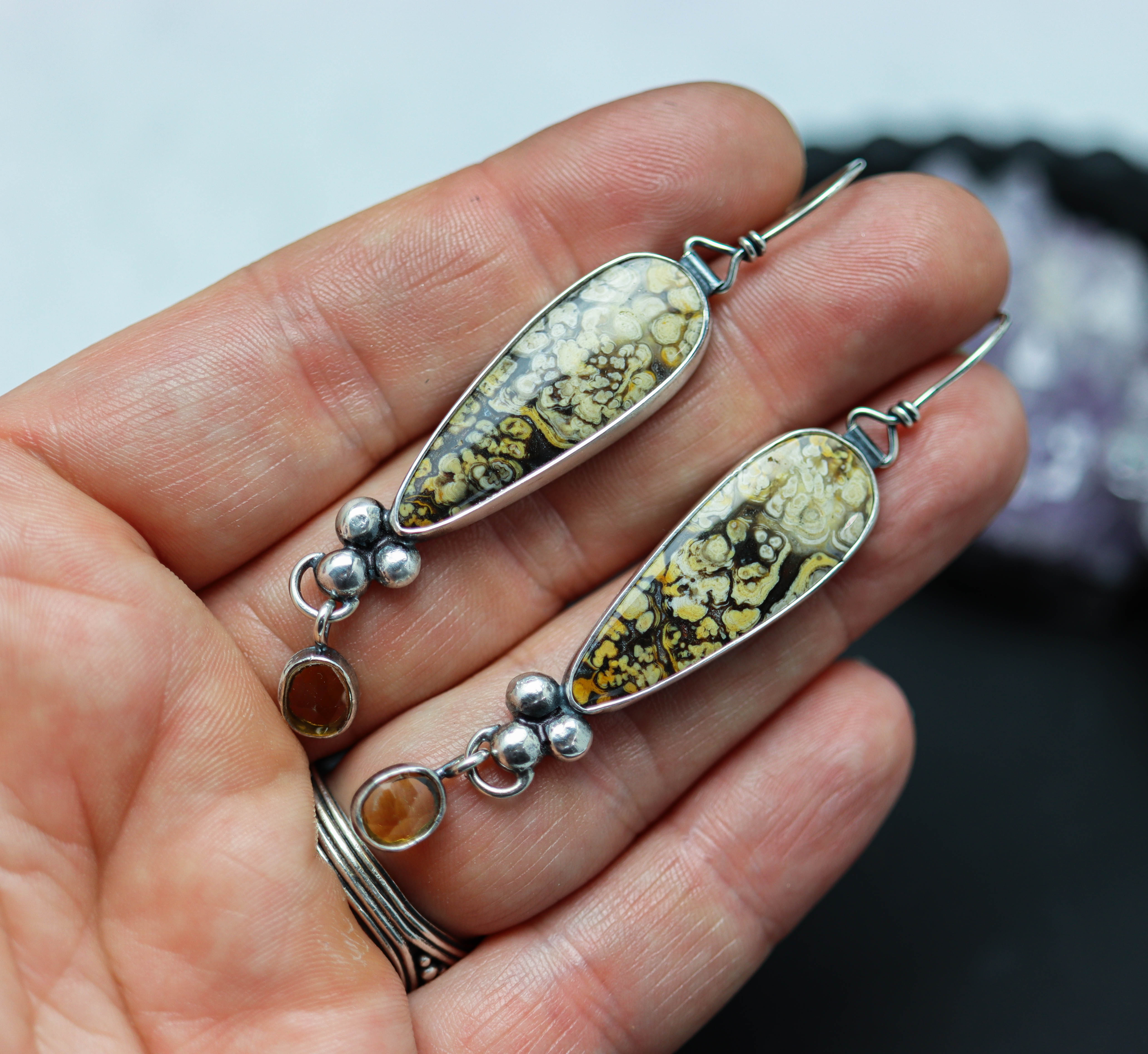 Plume Agate and Mandarine Citrine Dangle Earrings