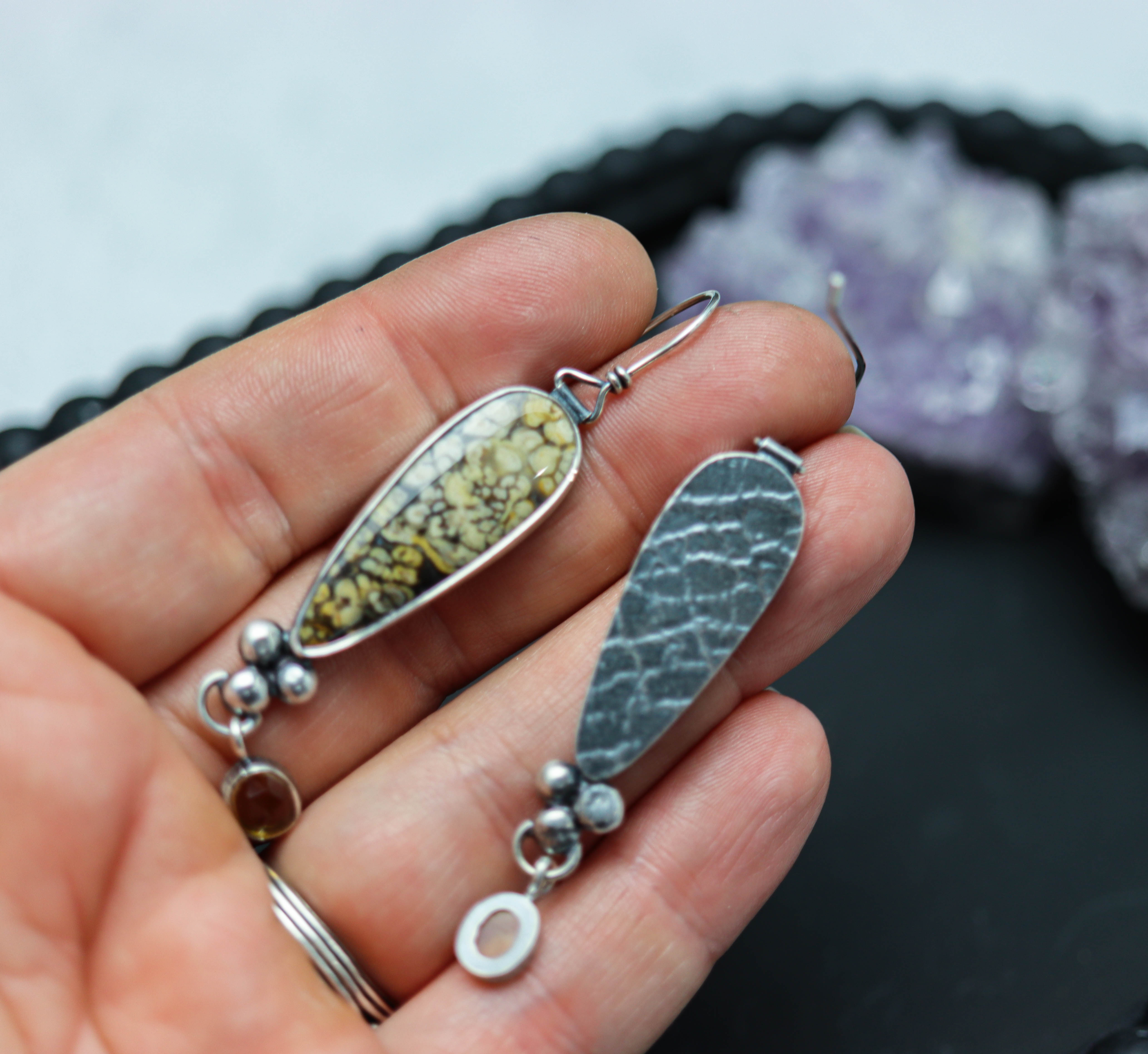 Plume Agate and Mandarine Citrine Dangle Earrings