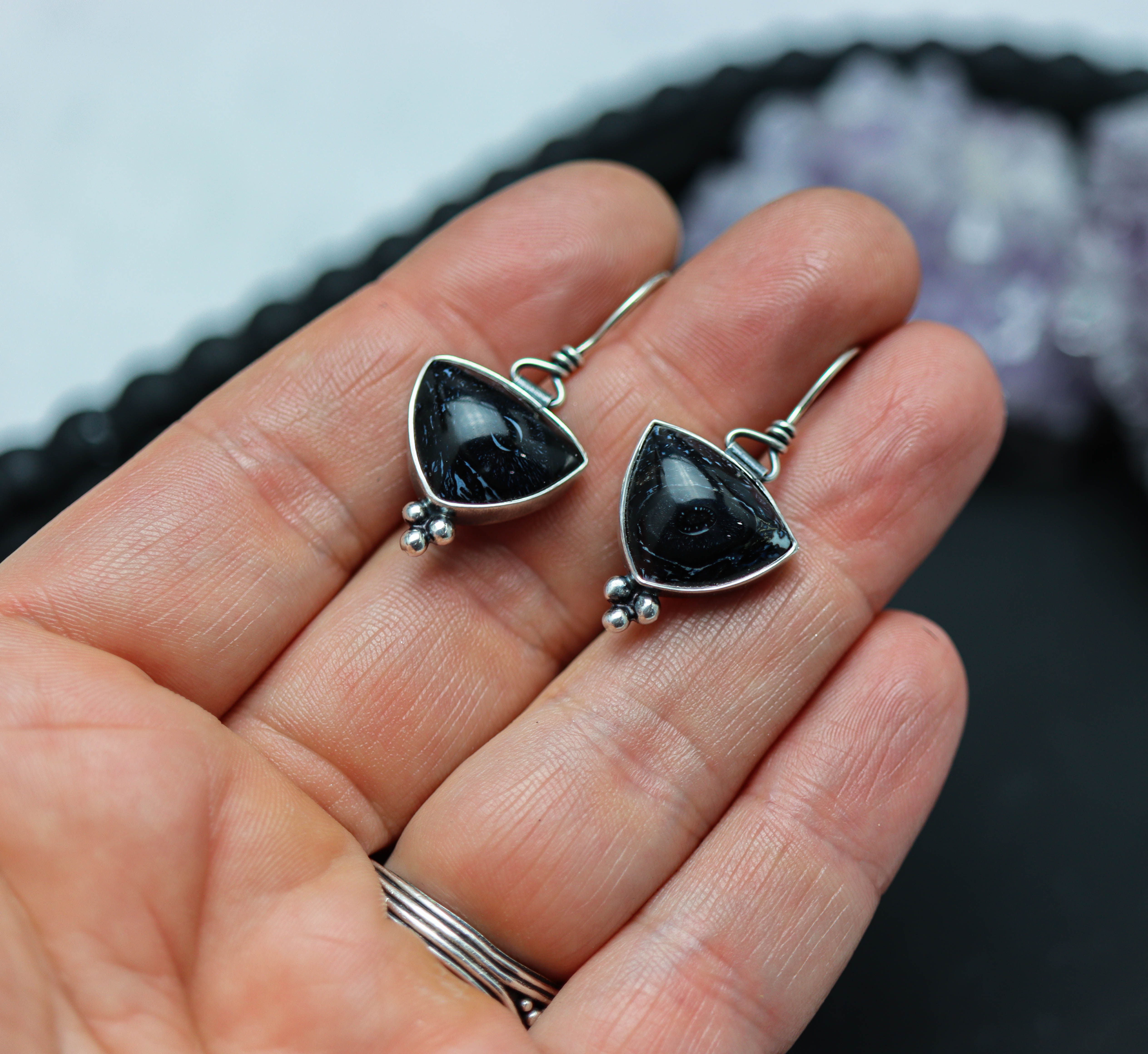 Fossilized Palm Wood Dangle Earrings Sterling Silver