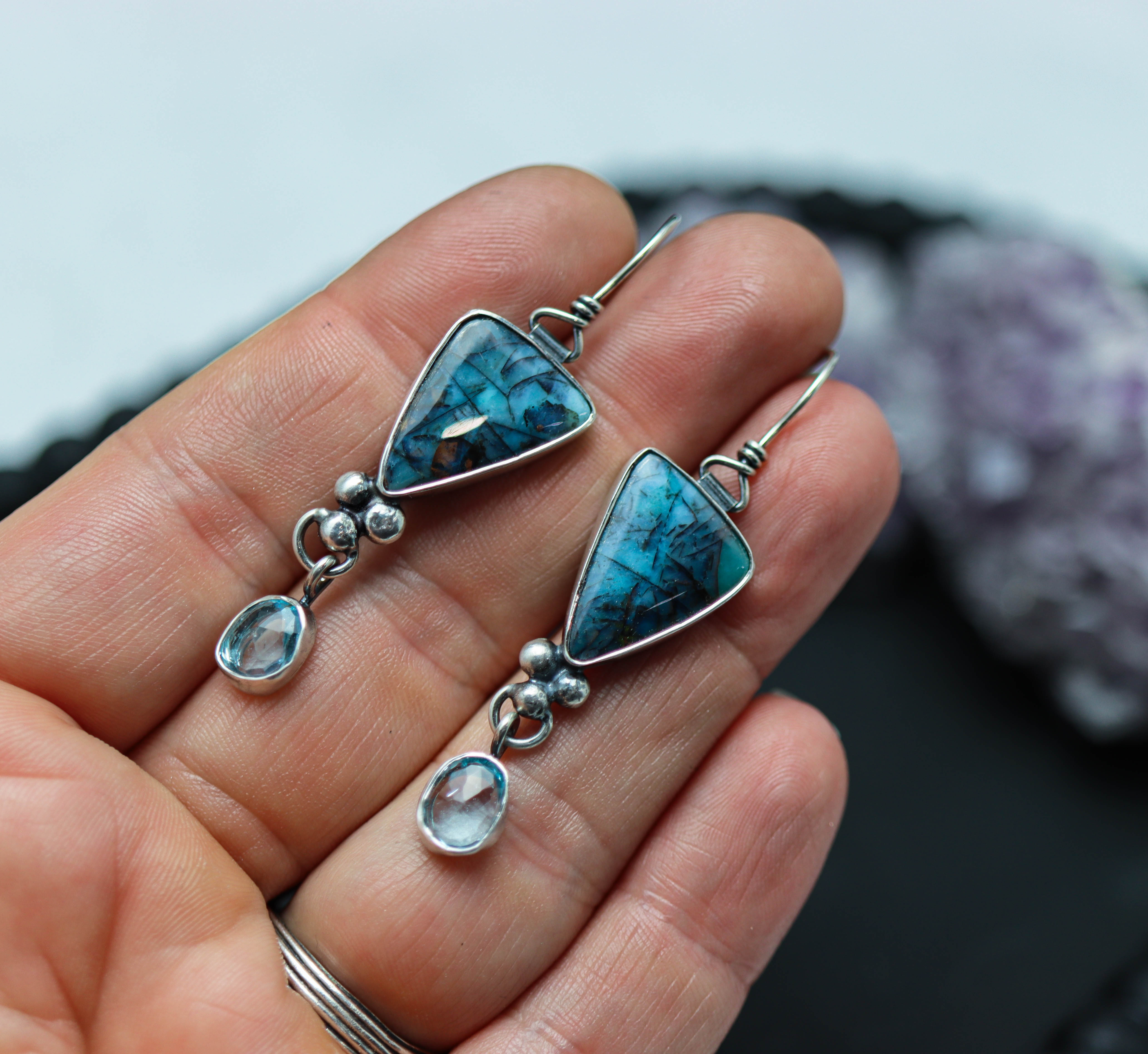 Opalized Petrified Wood and Blue Topaz Dangle Earrings Sterling Silver