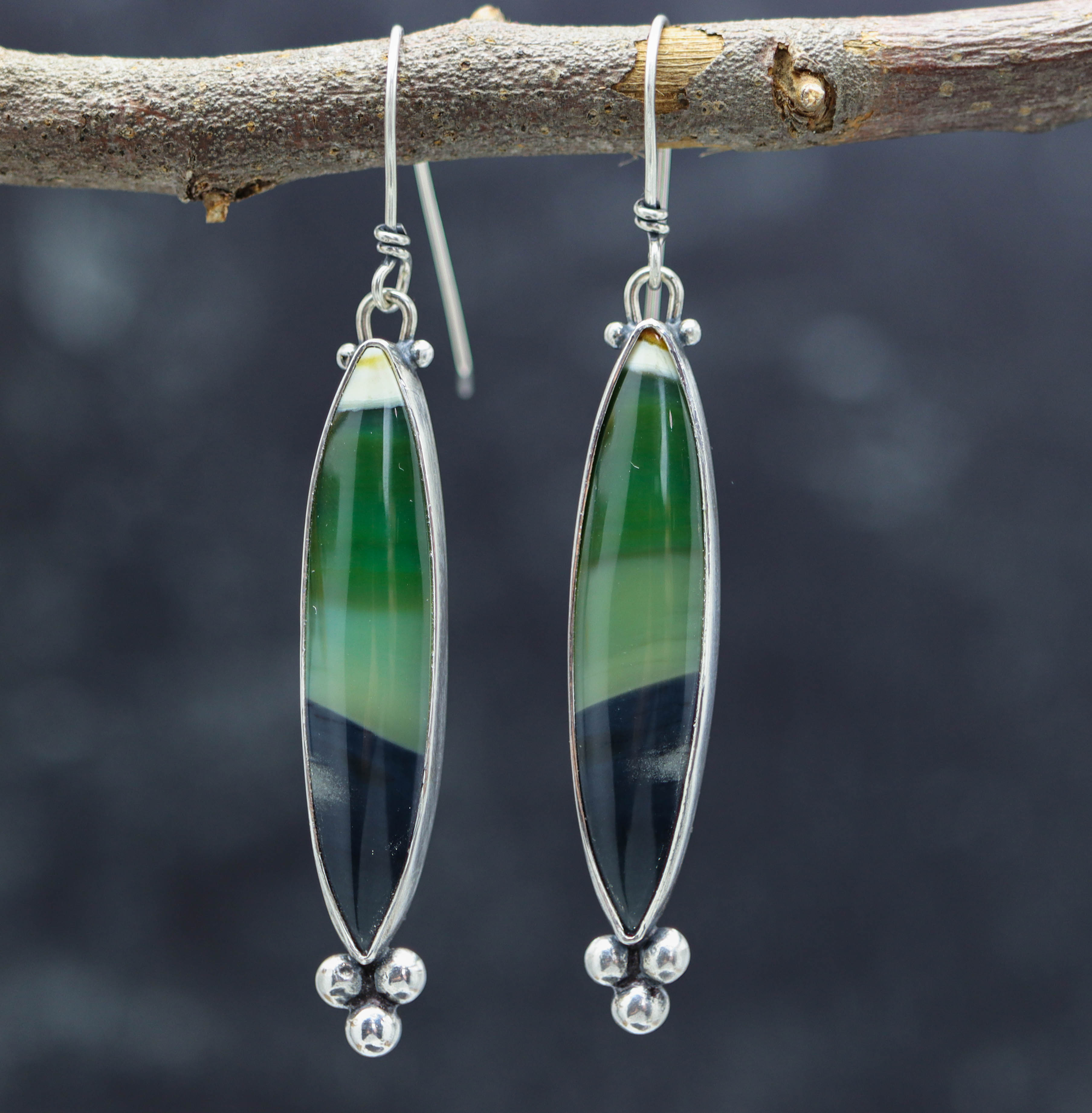 A pair of sterling silver dangle earrings with opalized petrified wood stones, displayed against a natural outdoor background.