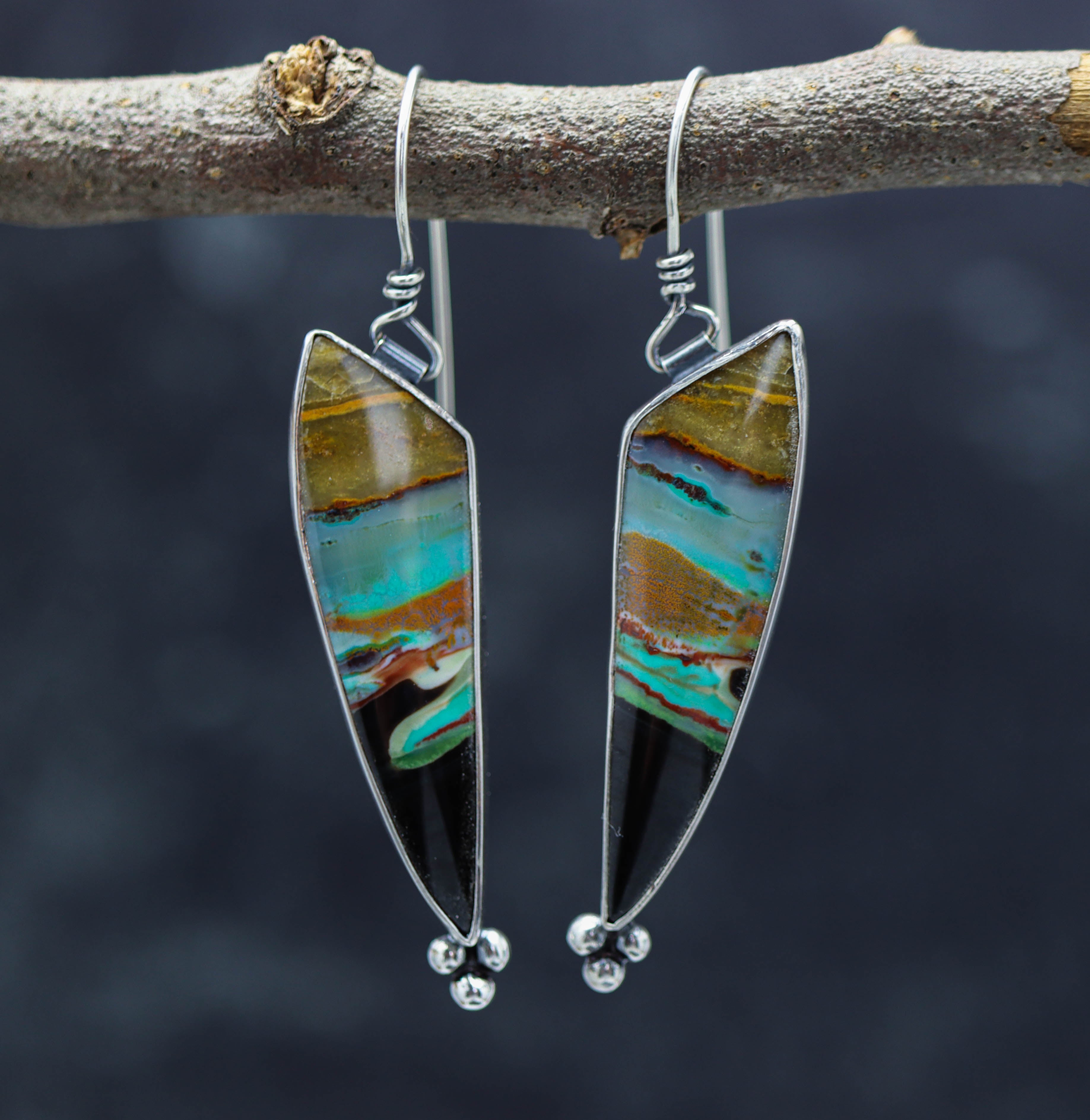 Opalized Petrified Wood Dangle Earrings Sterling Silver