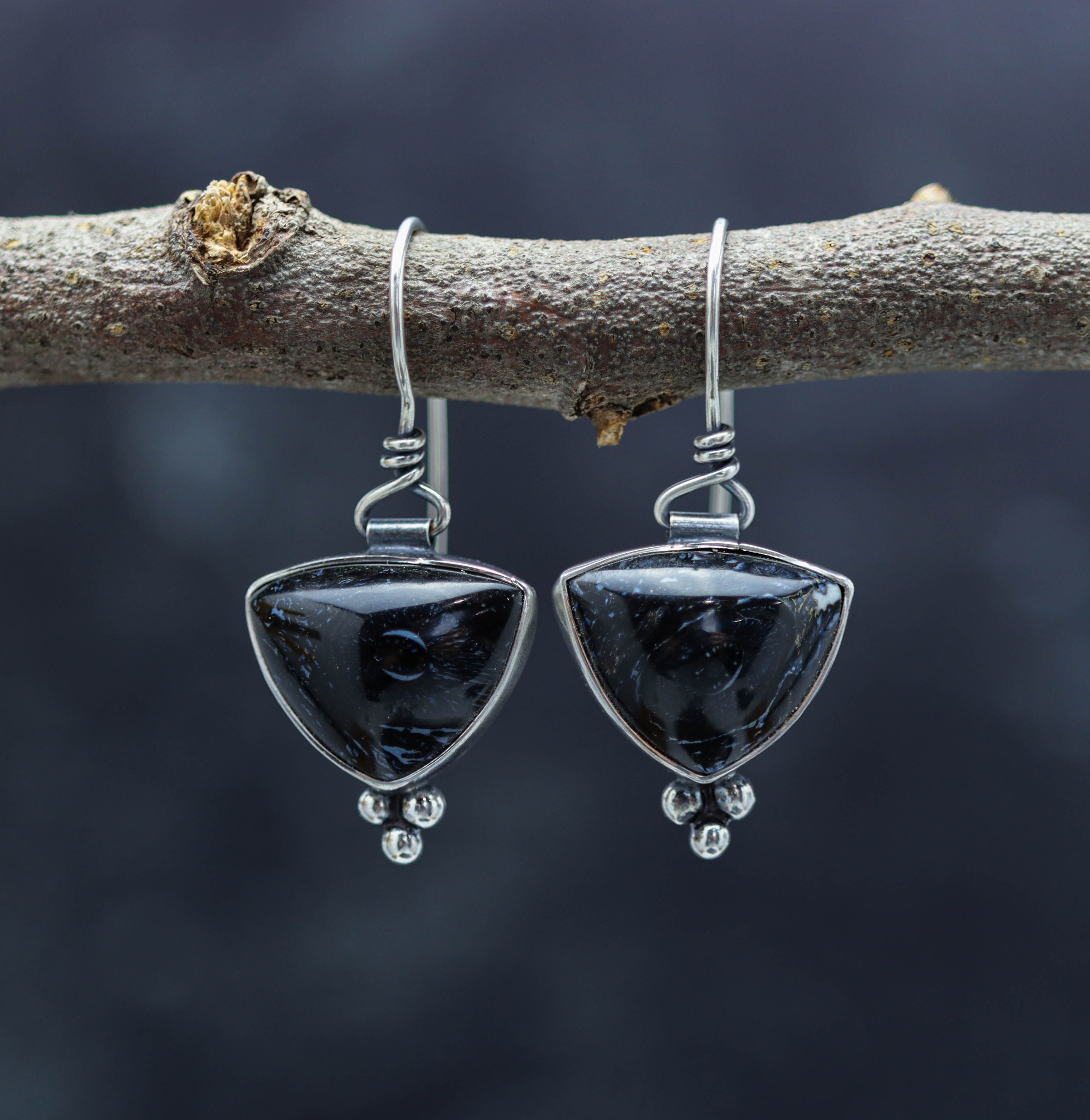 A pair of sterling silver dangle earrings featuring black opalized palm wood designs, displayed on a branch against a dark background.
