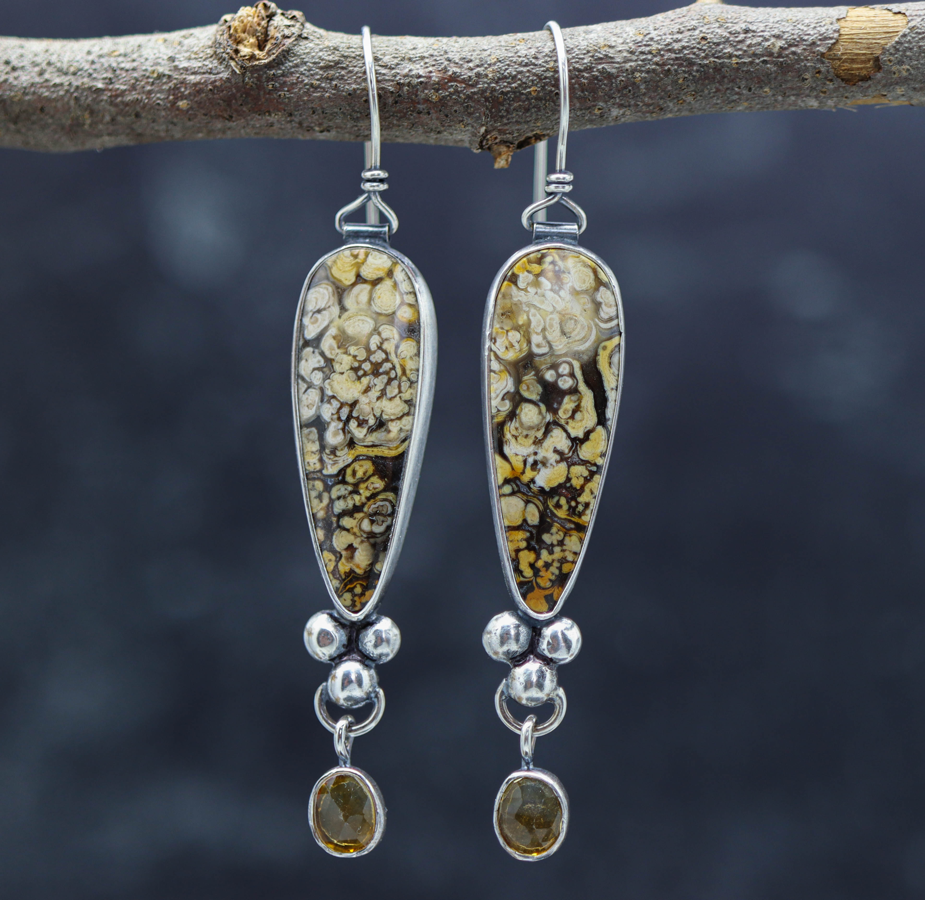 Plume Agate and Mandarine Citrine Dangle Earrings