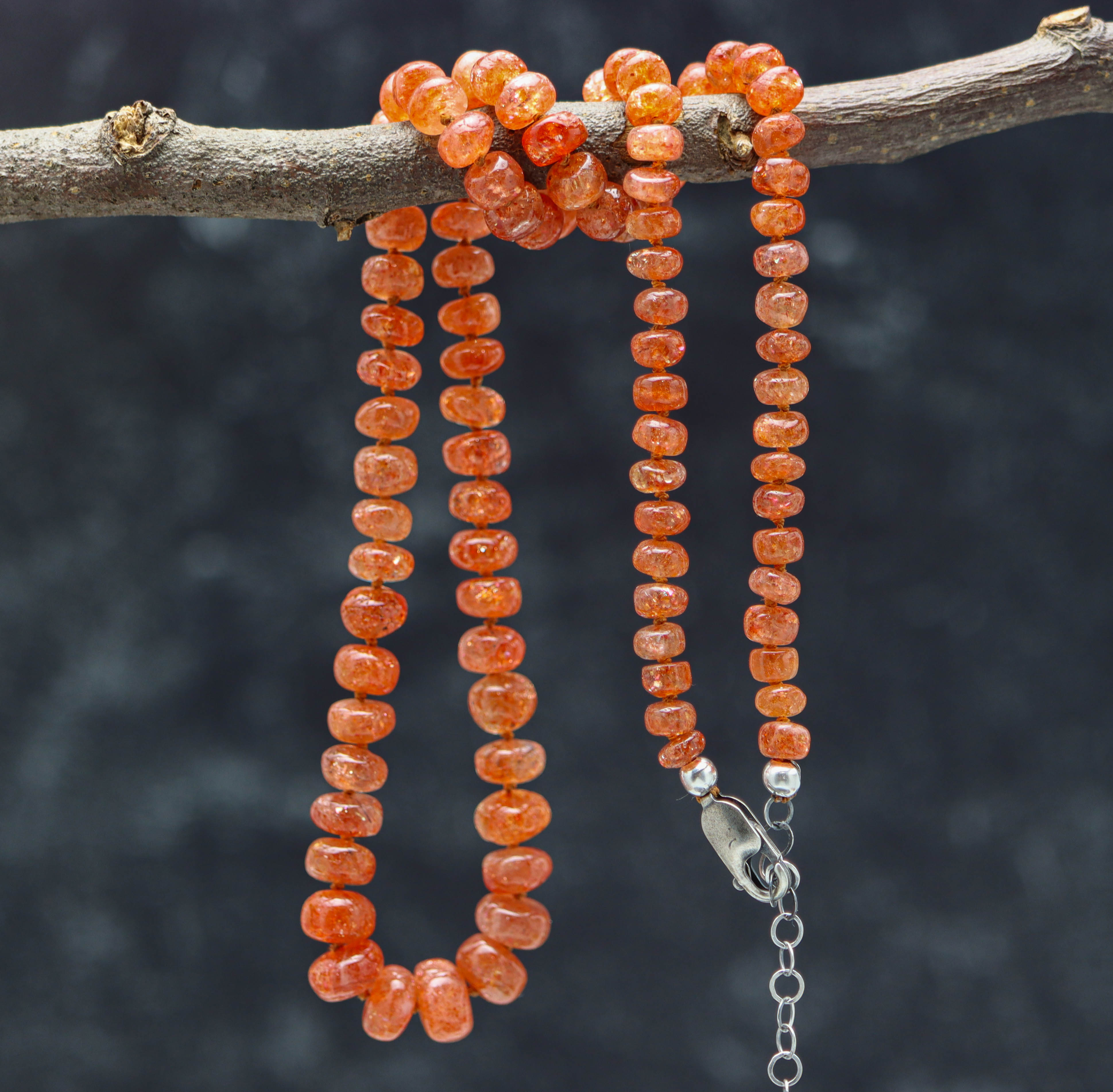 Sunstone Hand Knotted Bead Necklace Sterling Silver