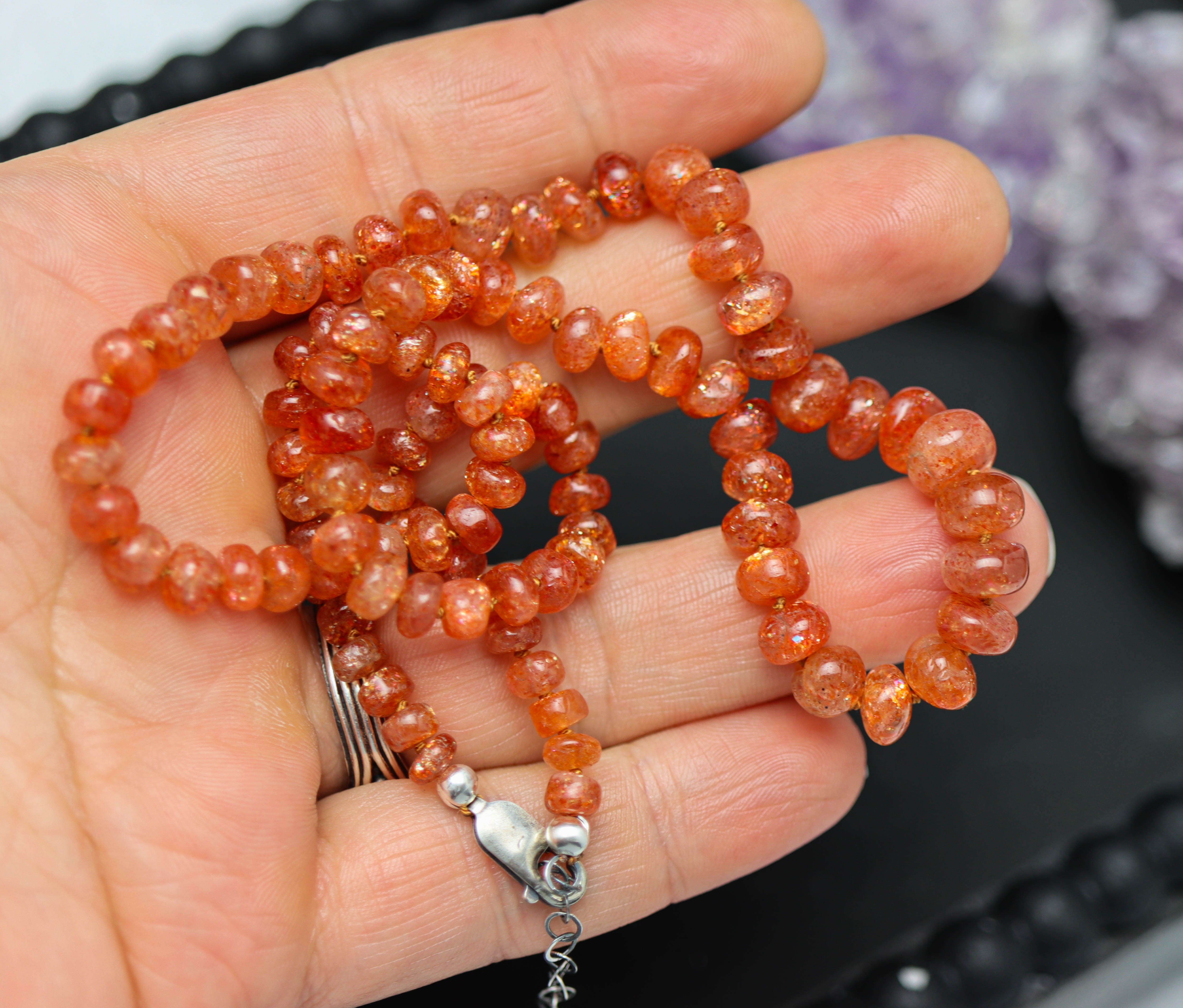 Sunstone Hand Knotted Bead Necklace Sterling Silver