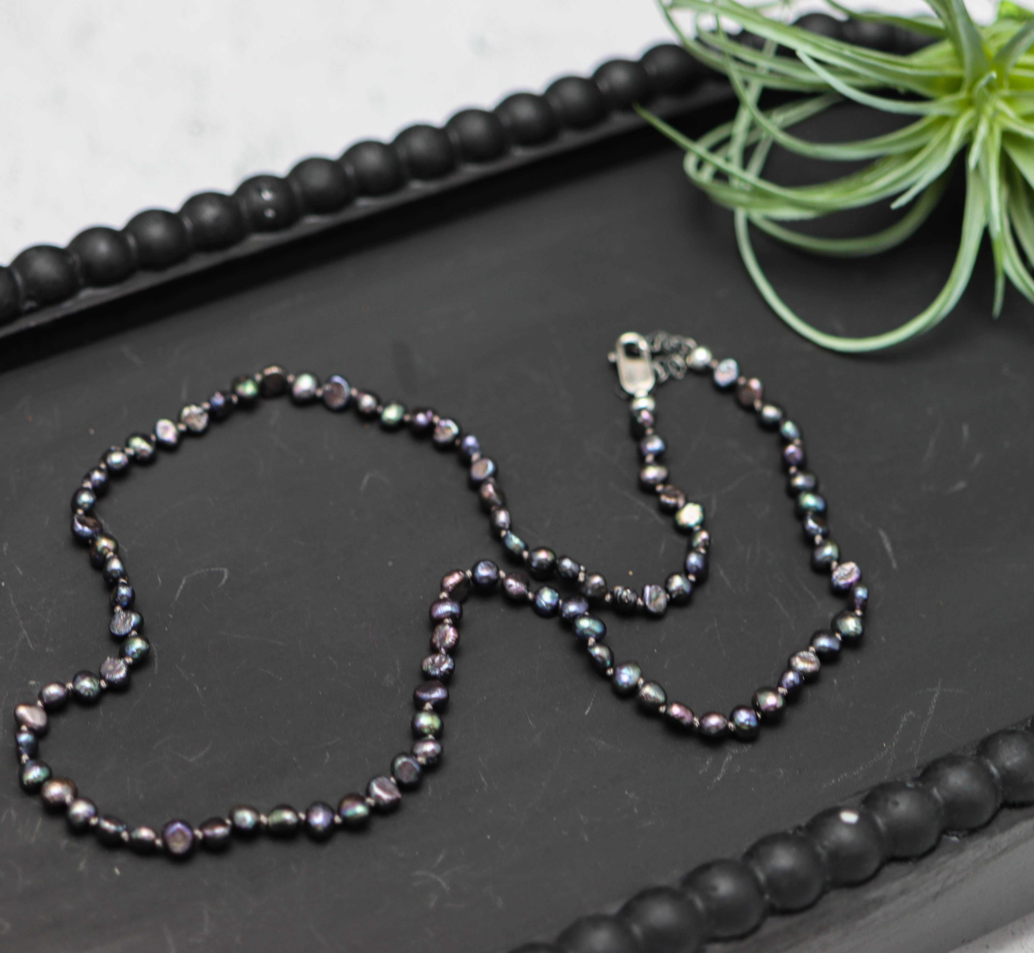 Peacock Grey Freshwater Pearl Hand Knotted Bead Necklace Sterling Silver