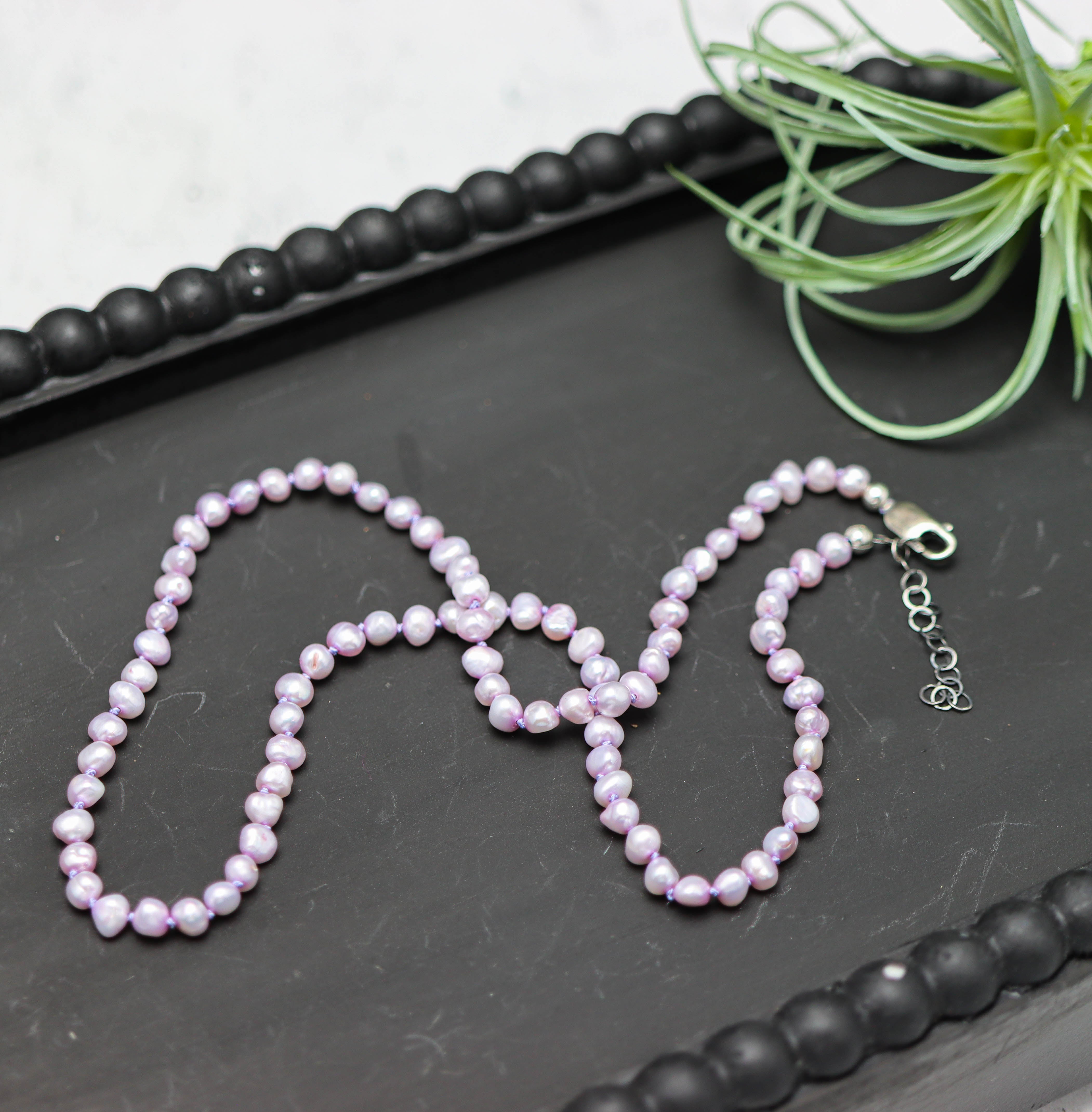 Lavender Freshwater Pearl Hand Knotted Bead Necklace Sterling Silver