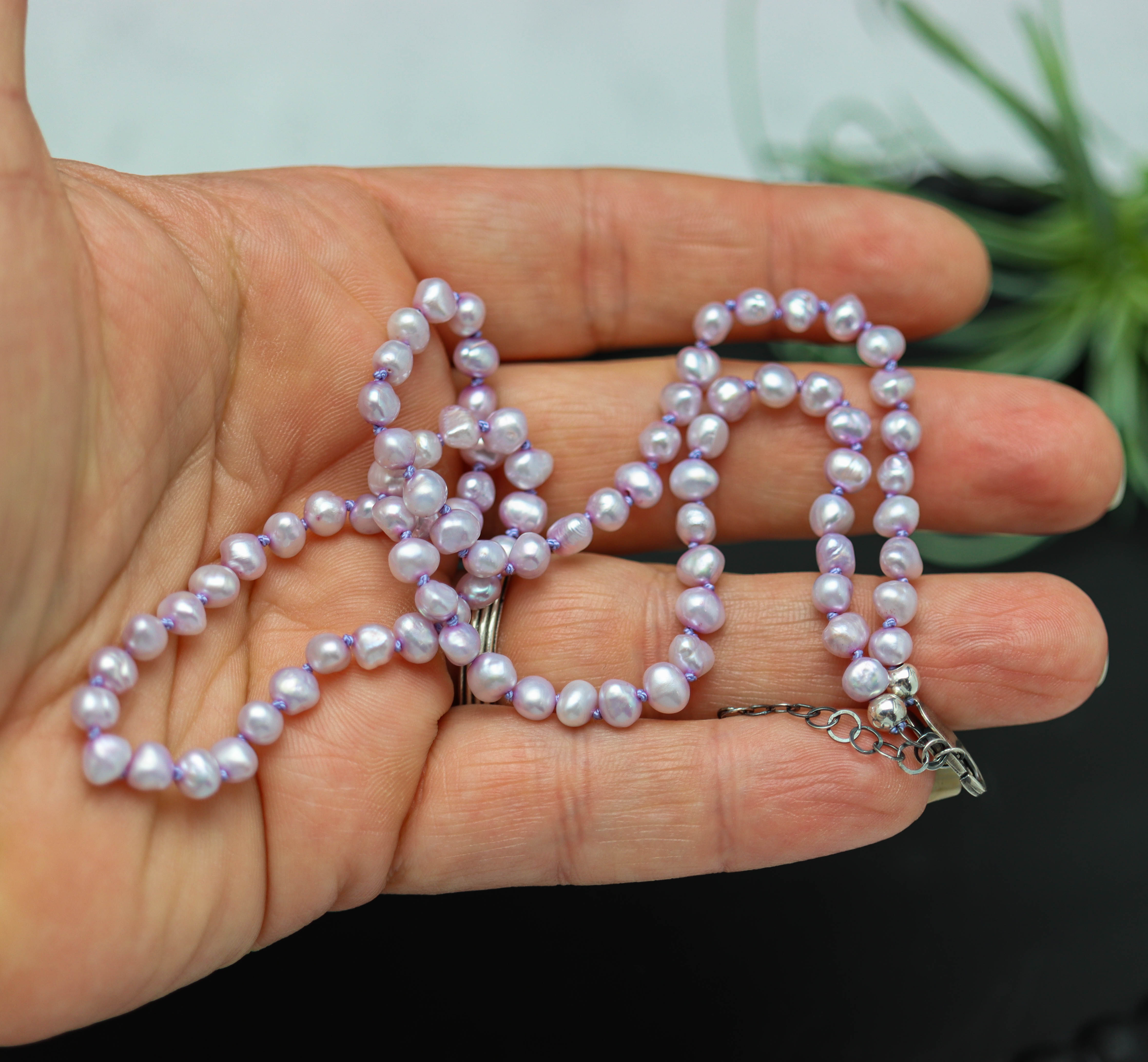 Lavender Freshwater Pearl Hand Knotted Bead Necklace Sterling Silver