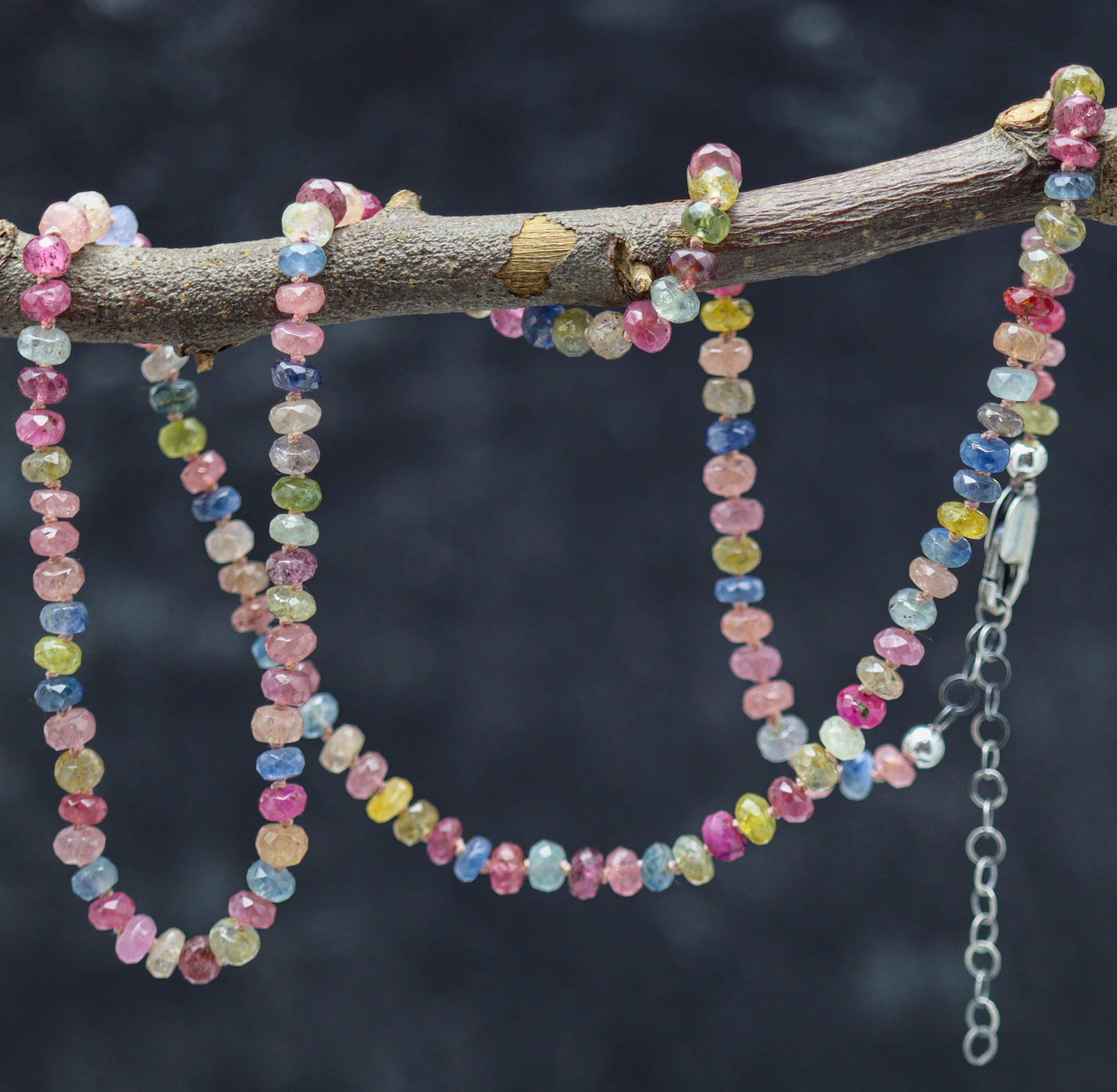 A hand knotted necklace made of multi-colored sapphire beads and sterling silver, displayed on a branch.
