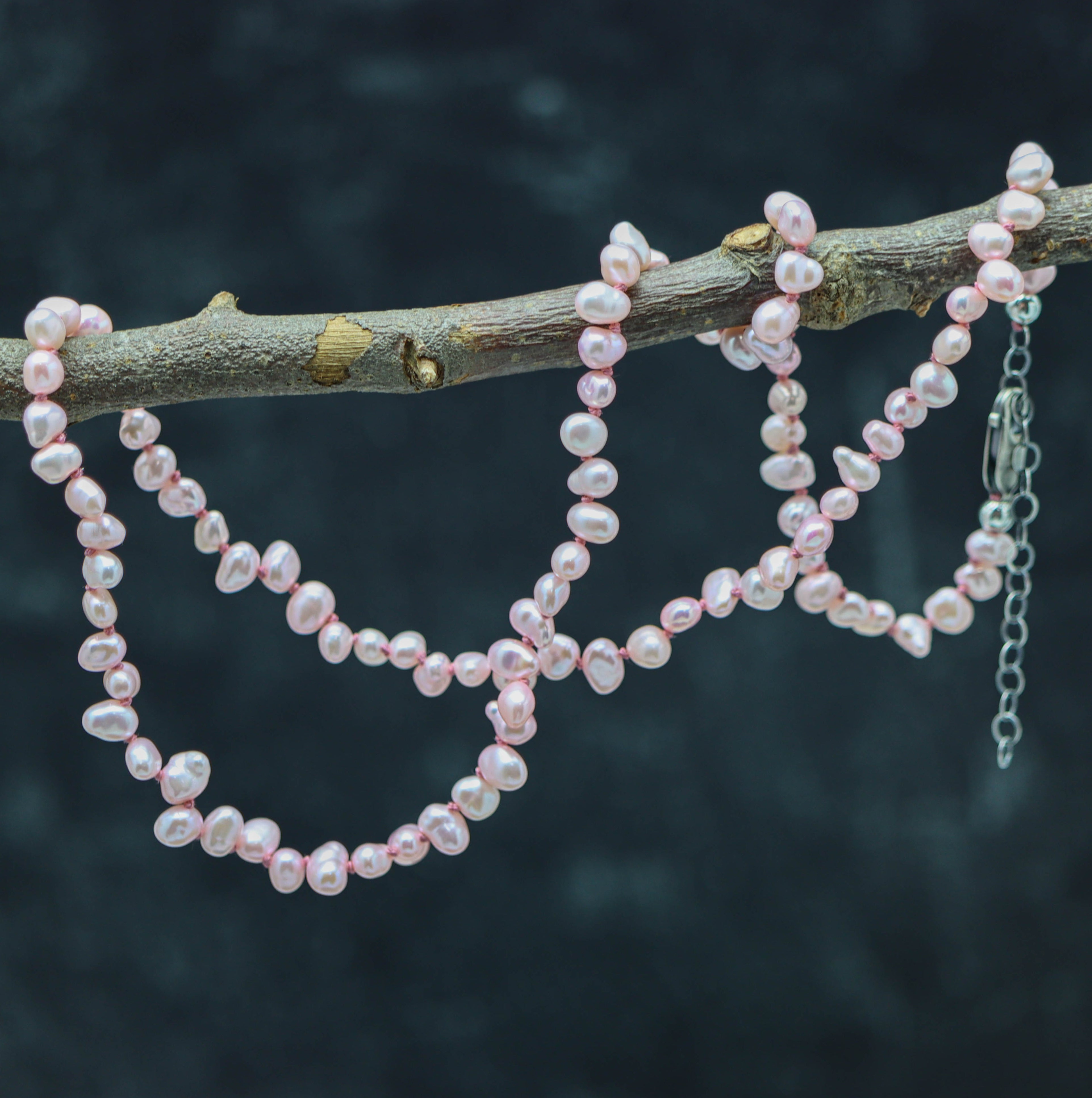 A hand knotted necklace made of pink keshi pearls and sterling silver, displayed on a branch.