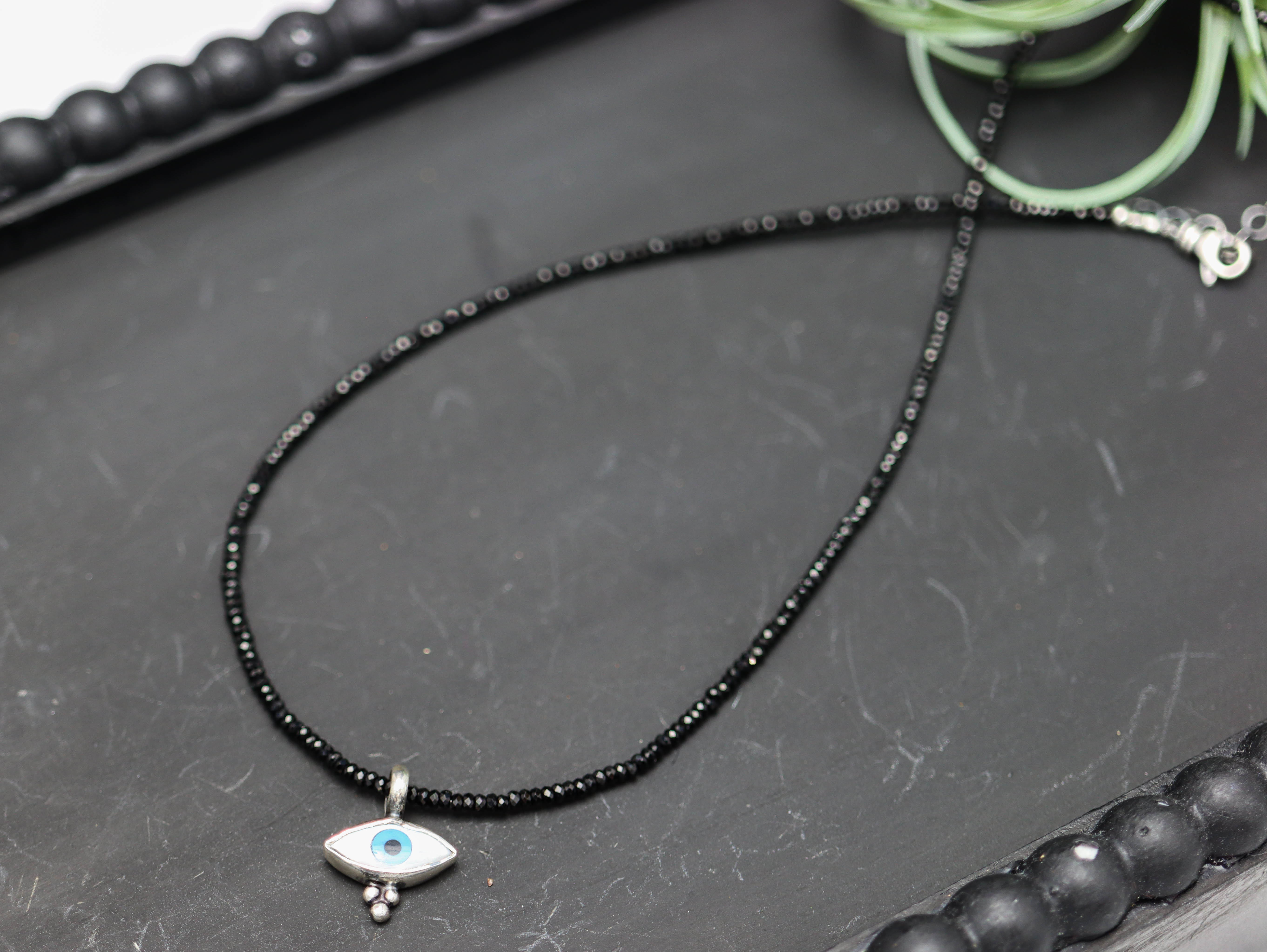 Evil Eye Pendant on a Black Spinel Beaded Necklace Sterling Silver
