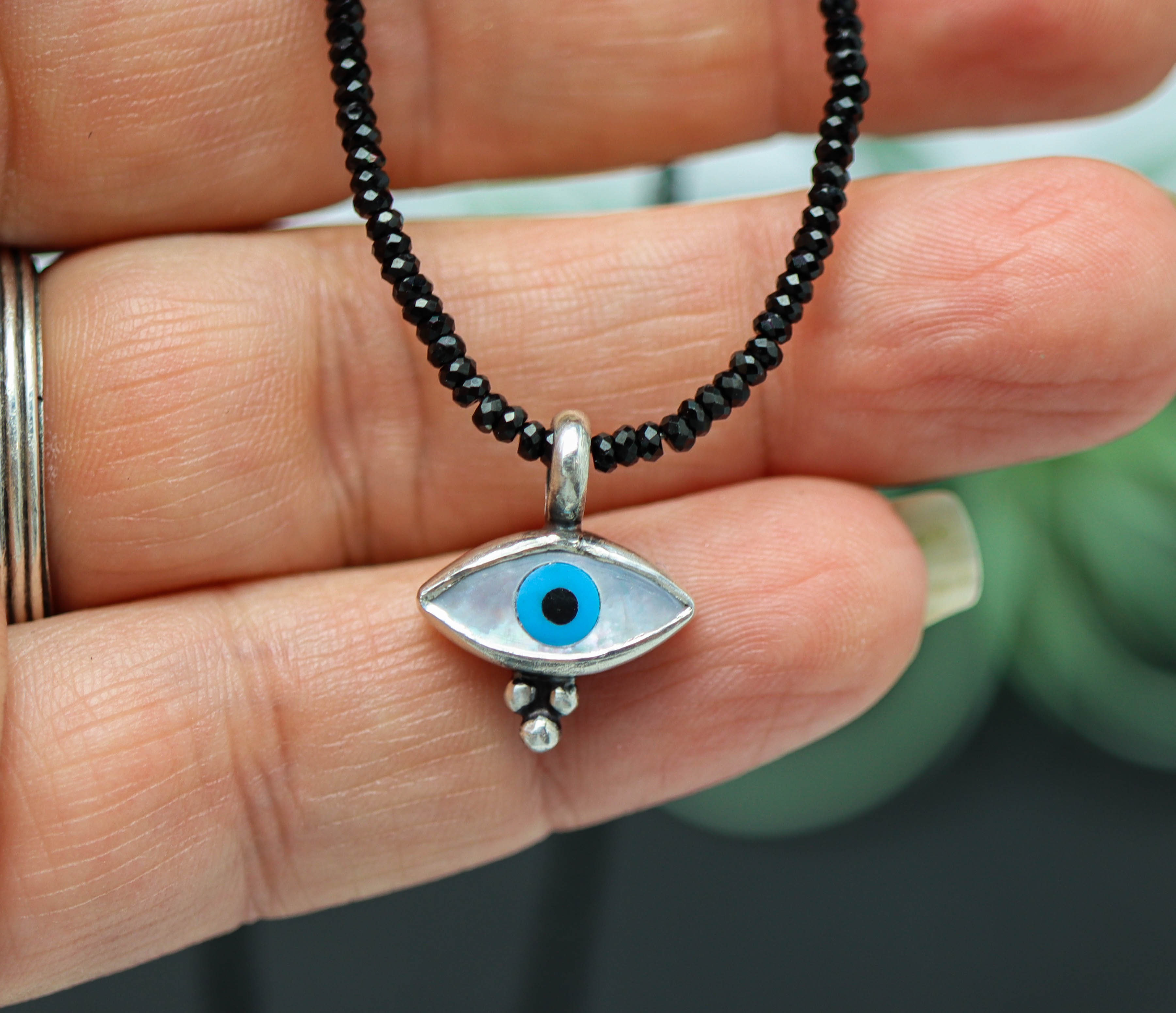 Evil Eye Pendant on a Black Spinel Beaded Necklace Sterling Silver