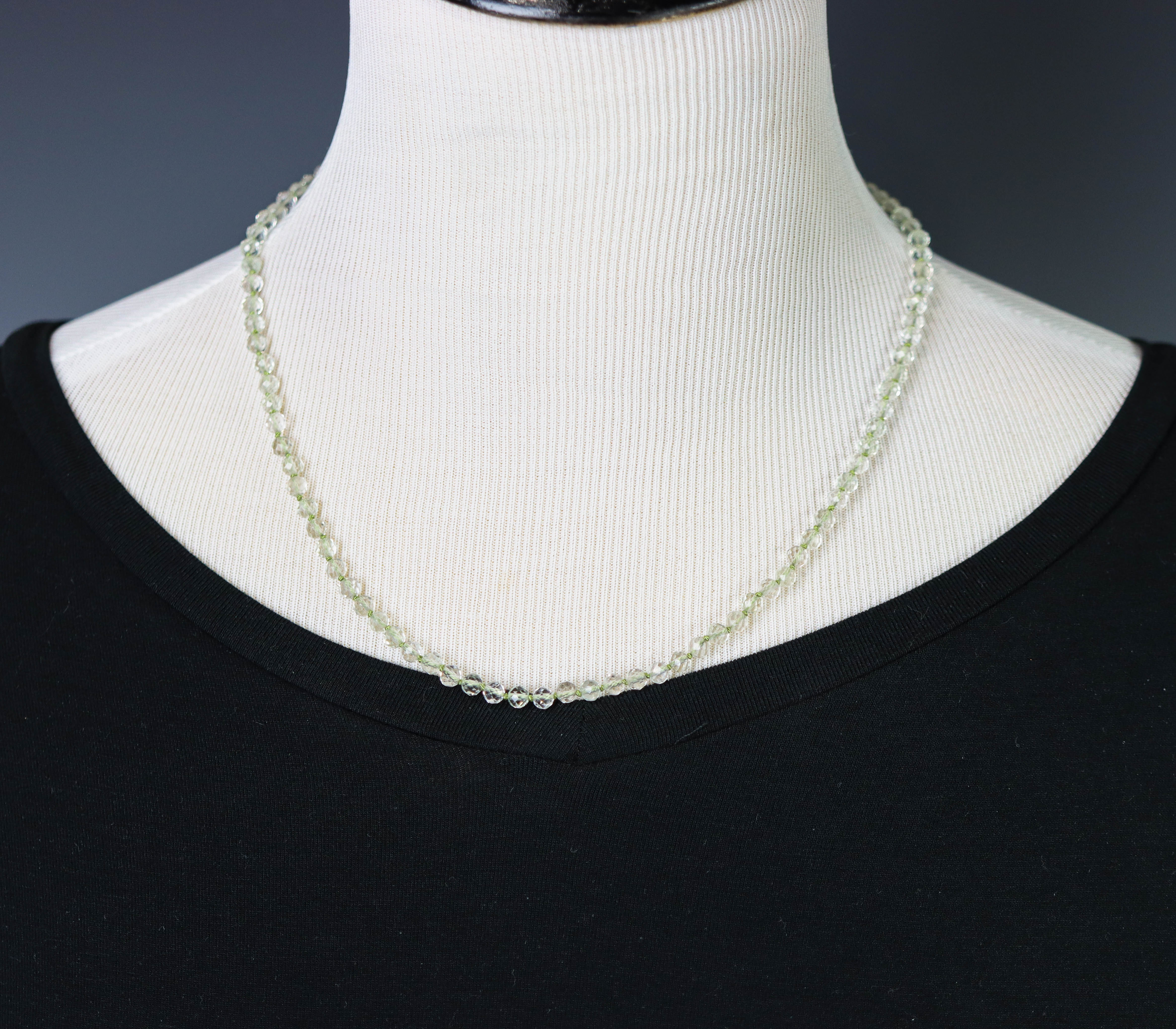 Green Amethyst Hand Knotted Bead Necklace Sterling Silver