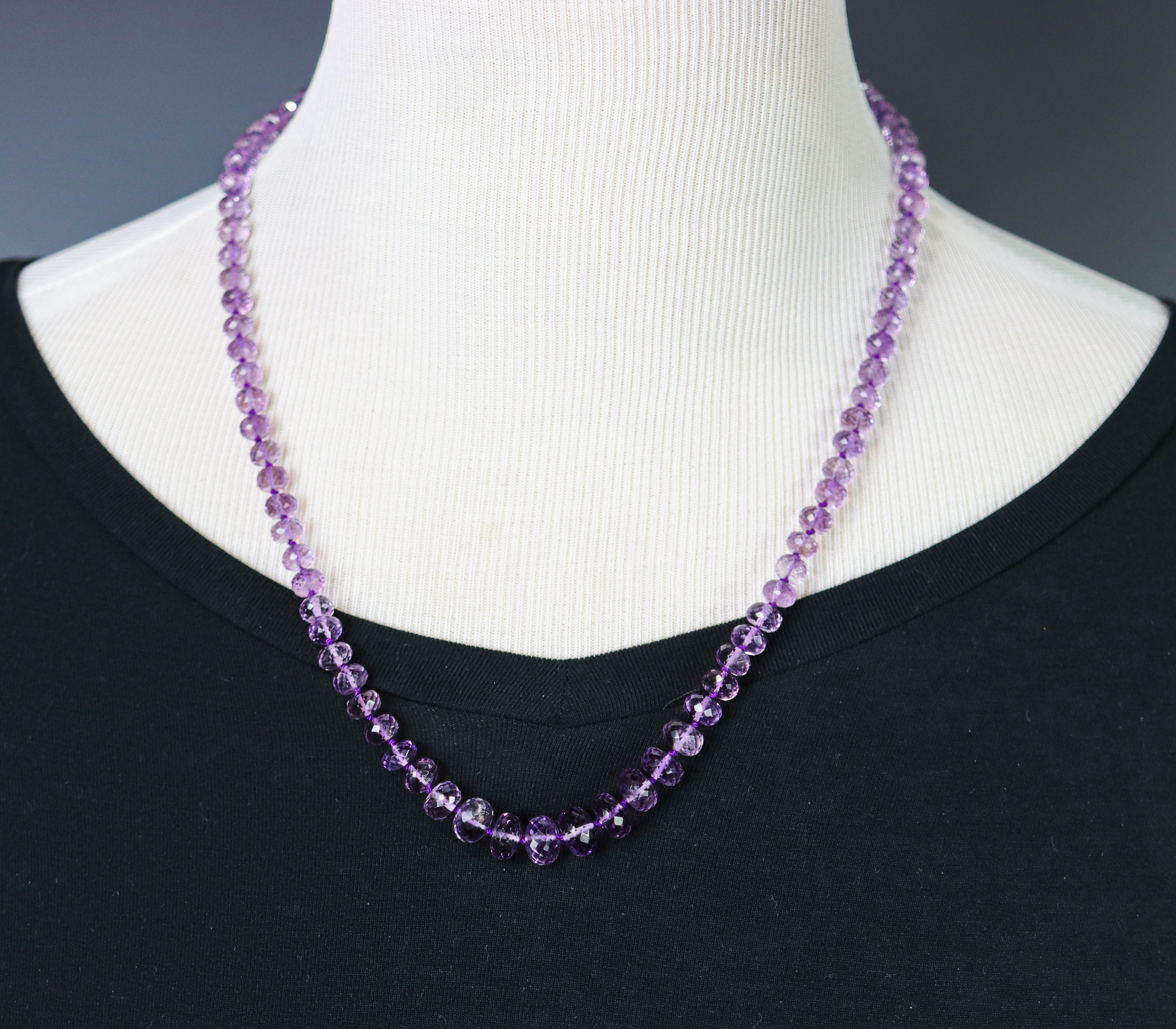 Amethyst Hand Knotted Bead Necklace Sterling Silver Graduated Size